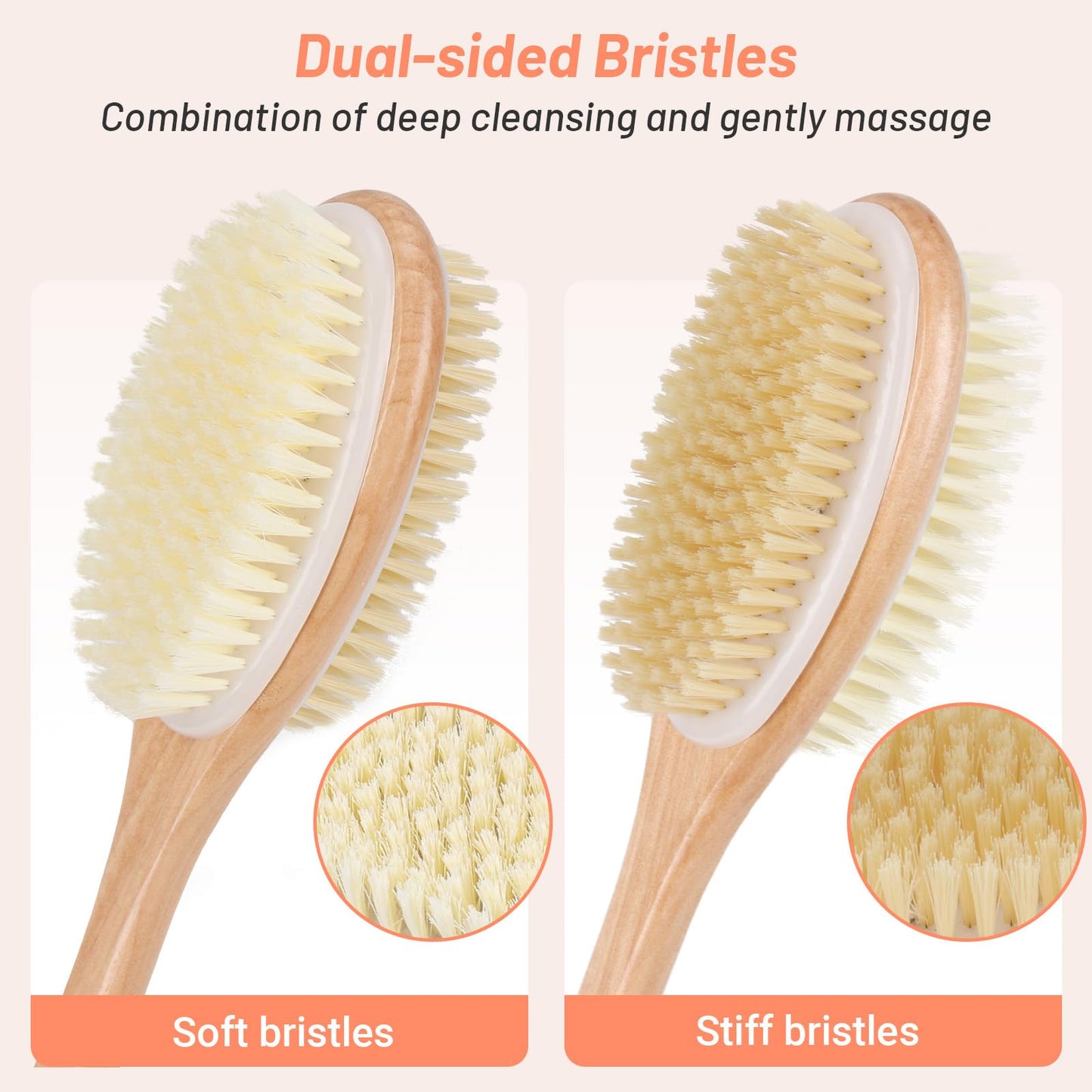 Alyvisun Wooden Back Scrubber for Shower with Long Handle, Dual-Sided Bath Brush Body Scrubber with Stiff and Soft Bristles, Exfoliating Body Brush Beauty and Personal Care Alyvisun
