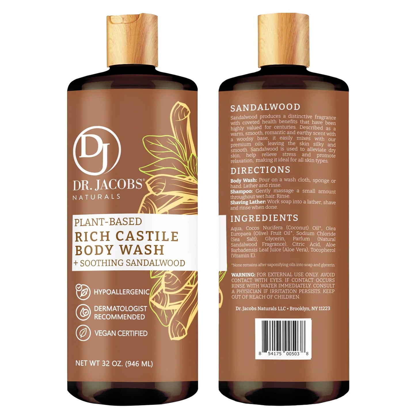 Dr. Jacobs Naturals Castile Sandalwood All-Natural Body Wash for Moisturizing Dry and Sensitive Skin with Plant-Based Ingredients with Pump - 32 Ounce Beauty & Personal Care DR.JACOBS NATURALS