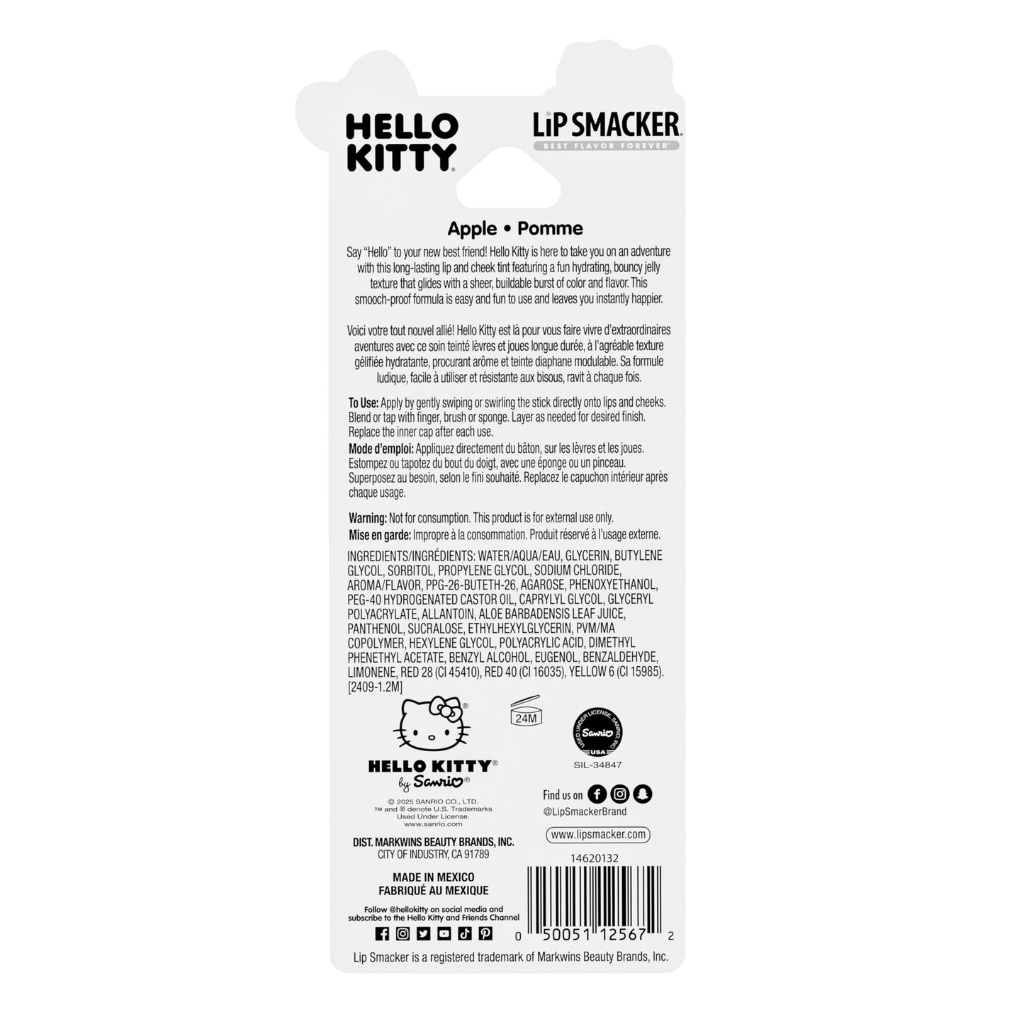Lip Smacker Hello Kitty So Jelly Lip & Cheek Tint, Moisturizing Sheer & Buildable Color, Fun Bouncy Jelly Texture, Sweet Apple Flavor - Apple Beauty & Personal Care Lip Smacker