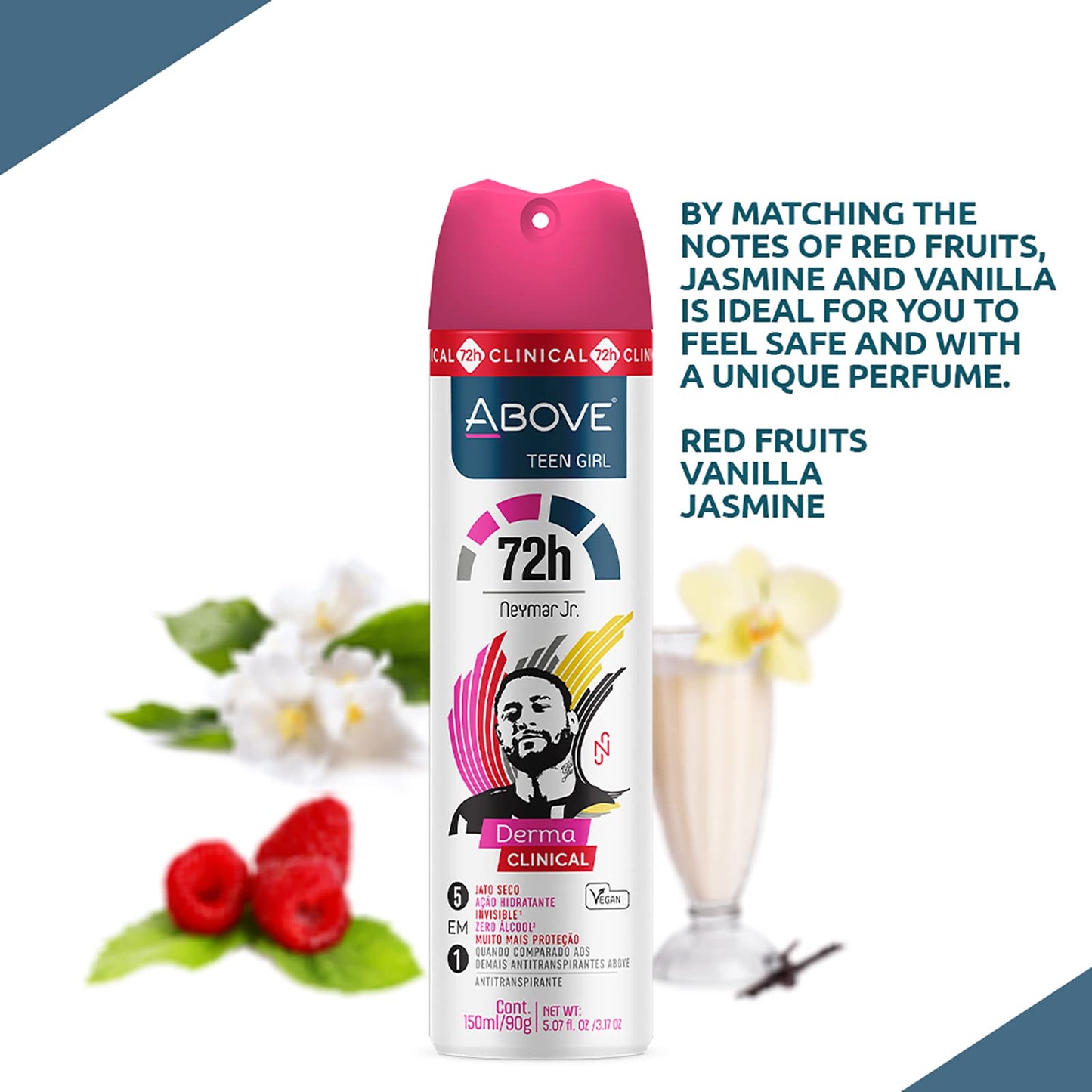 ABOVE 72 Hours Derma Clinical Antiperspirant Deodorant, Neymar Jr Teen Girl, 3.17 oz - Deodorant for Teens - Red Fruits and Vanilla Notes - Dry Spray Beauty and Personal Care ABOVE