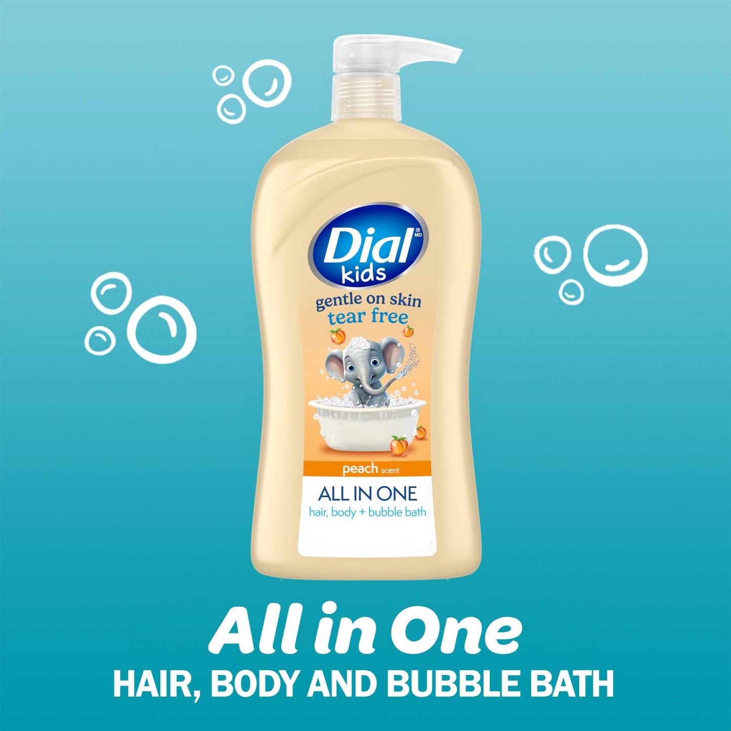 Dial Kids All-in-1 Body + Hair + Bubble Bath, Peach Scent, 32 Fl Oz, Hypoallergenic Body Wash & Shampoo, No Tears Formula for Kids 2+ Years, No Beauty & Personal Care Dial