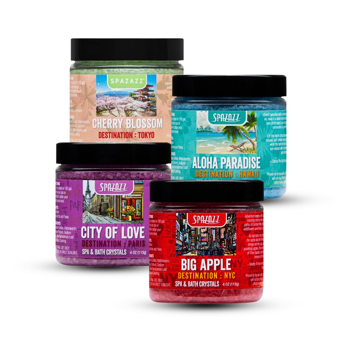Hot Tub & Spa Aromatherapy Bath Salt Crystal Scents Spazazz Destinations Collection Bundle Aloha Paradise, Big Apple, City of Love, Cherry Blossom Beauty and Personal Care Spazazz