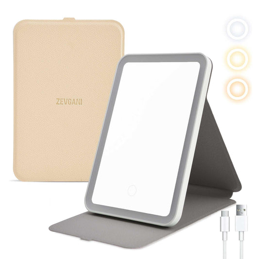 ZEVGANI Travel Lighted Makeup Mirror, 3-Color Dimmable LED Lighting, USB Rechargeable Light up Portable Tabletop Folding Vanity Cosmetic Mirror Beauty & Personal Care ZEVGANI