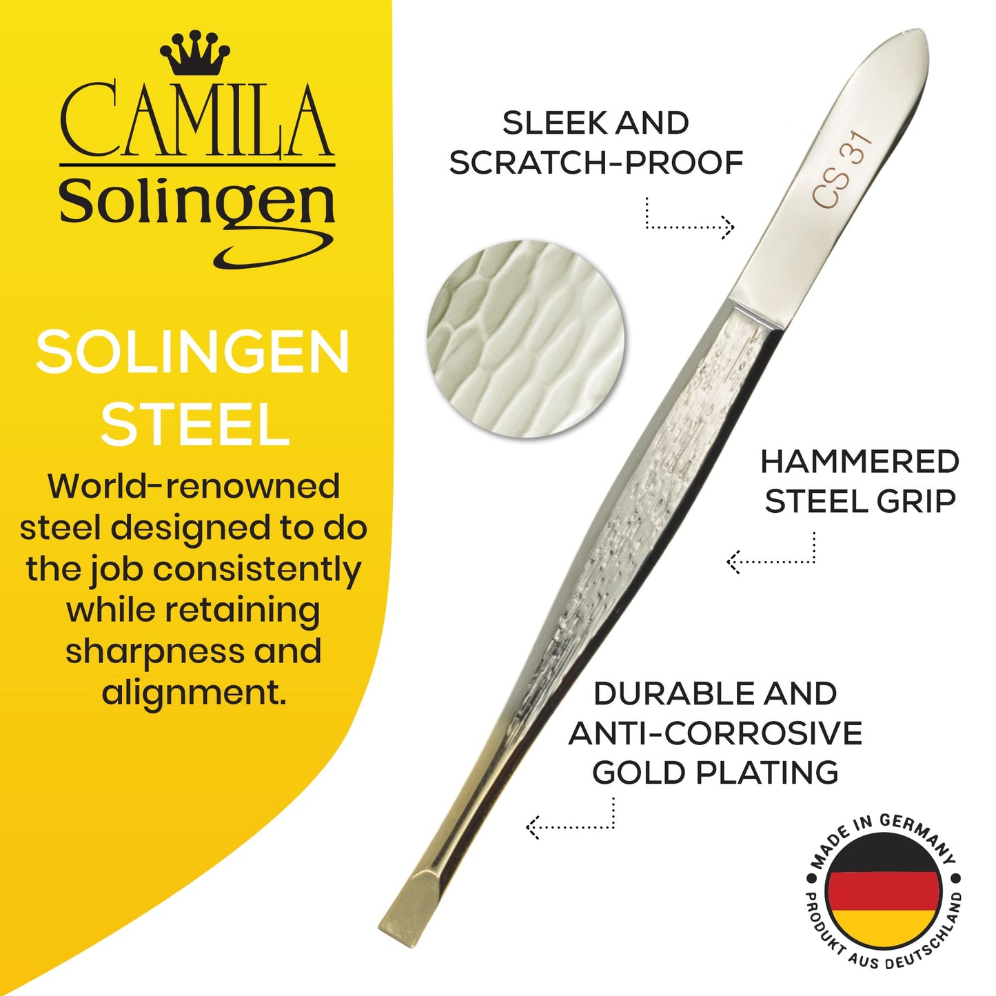 Camila Solingen CS31 3 1/2" Gold Tipped, Surgical Grade, German Carbon Steel Tweezers (Straight) - Flawless Facial Hair and Eyebrow Shaping Beauty and Personal Care Camila Solingen