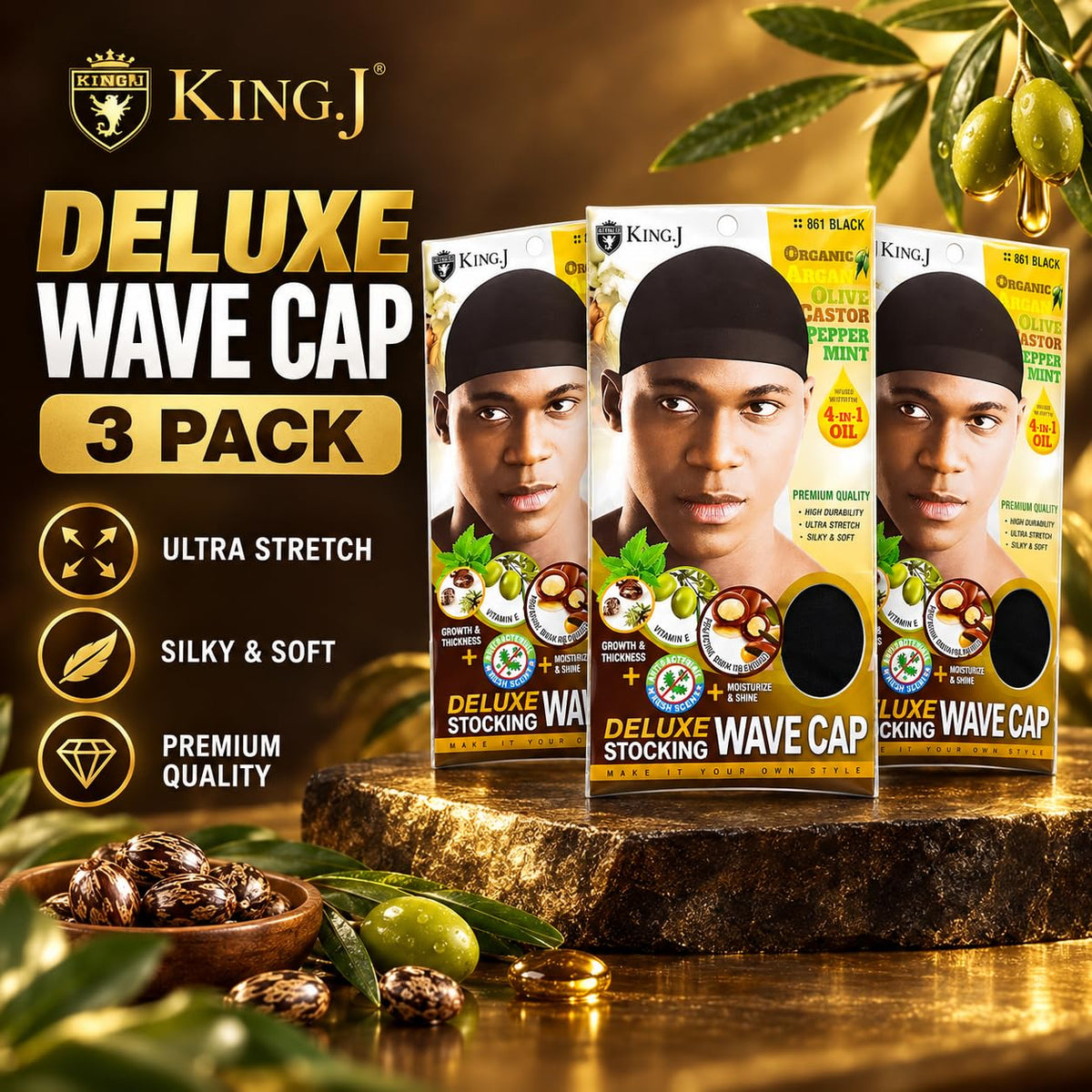 Healthy Treated Wave Deluxe Stocking Wave Cap Black (3 Pack)