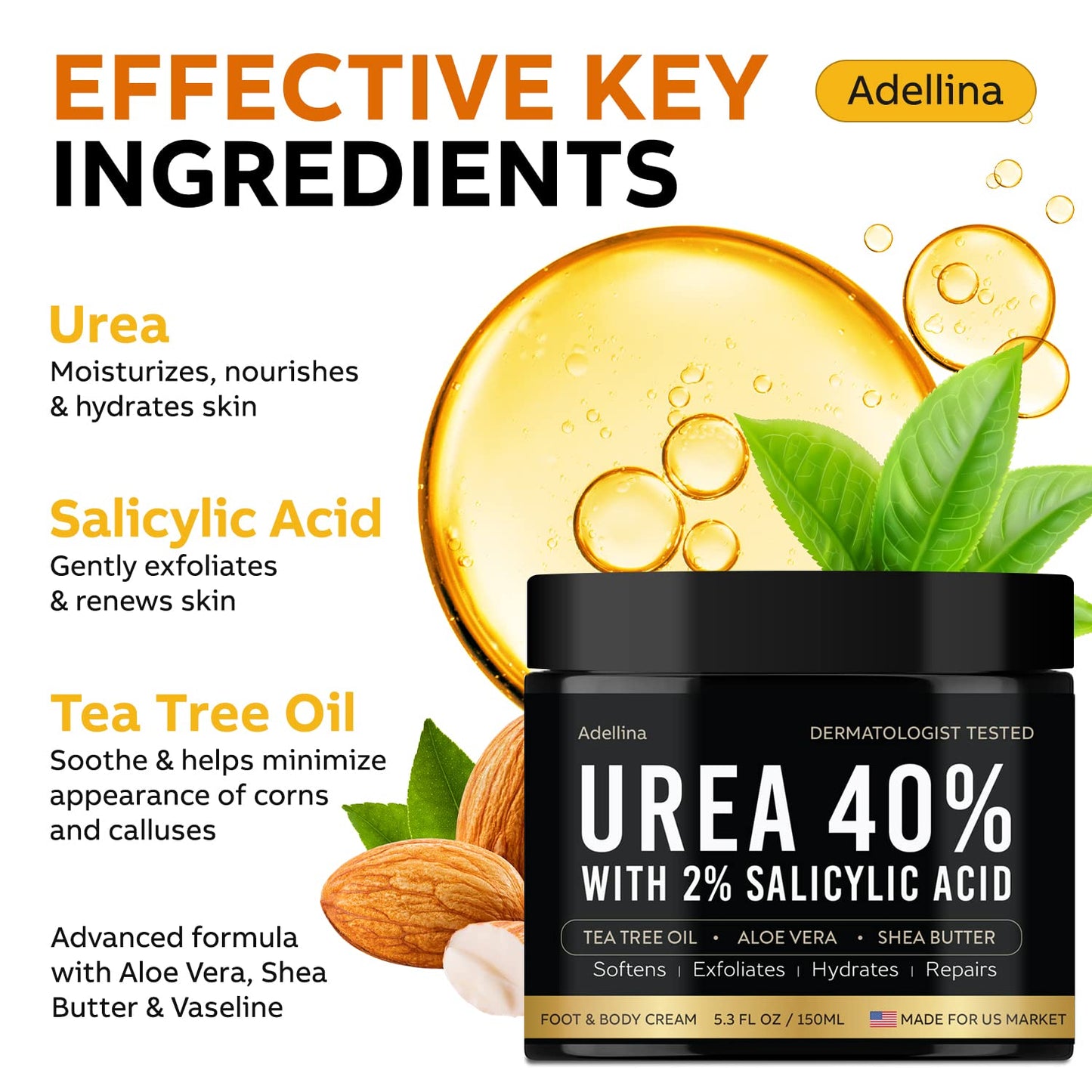 Adellina Urea Cream 40 Percent for Feet Maximum Strength, Urea Foot Cream for Dry Cracked Heels Feet Knees Elbows, 40% Urea Foot Repair Lotion 5.3 OZ Beauty & Personal Care Adellina