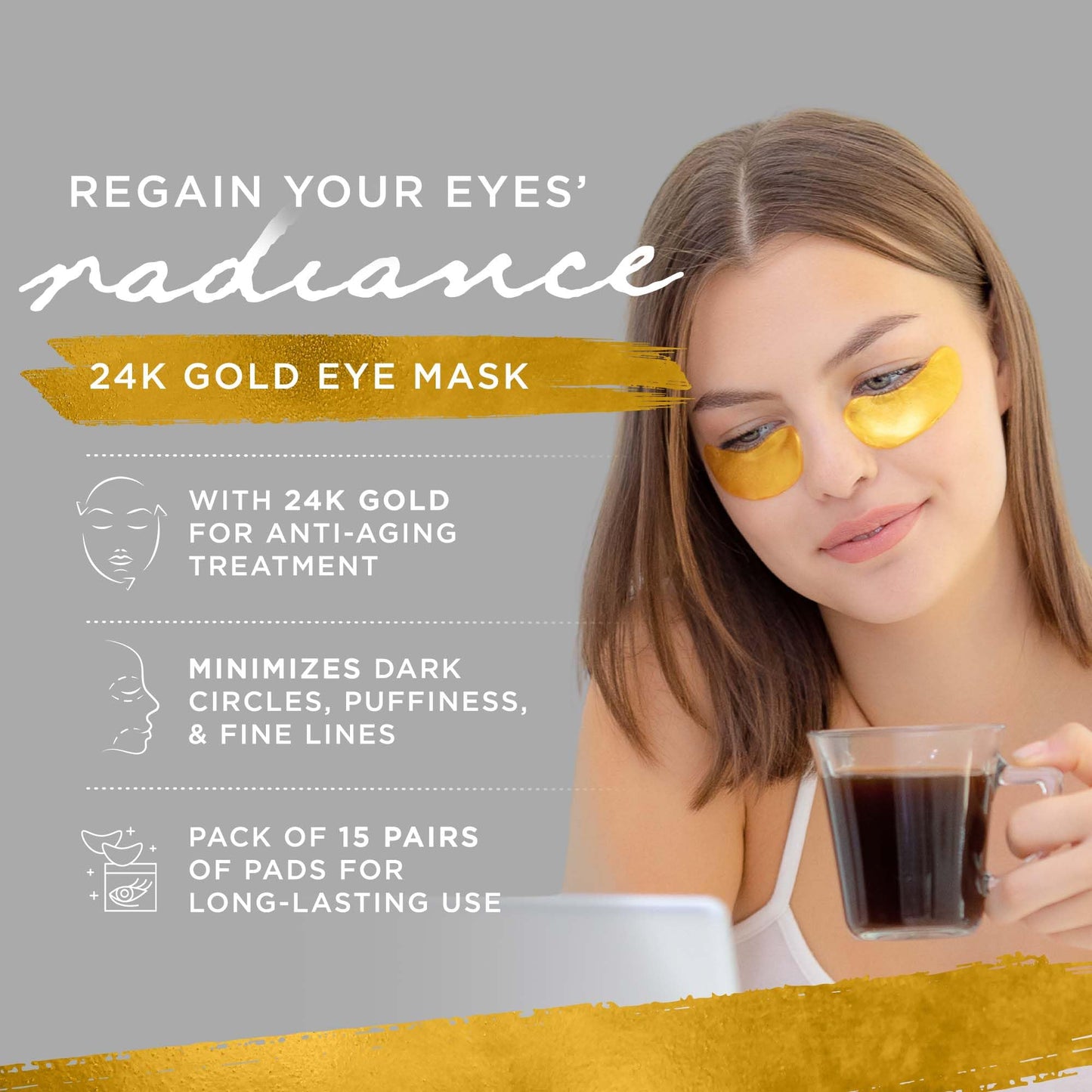 Dermoland Under Eye Patches For Women - 24K Gold Eye Masks, 15 Pairs | Hyaluronic Acid | Reduces Puffiness, Dark Circles & Wrinkles | Vegan Beauty & Personal Care Dermoland