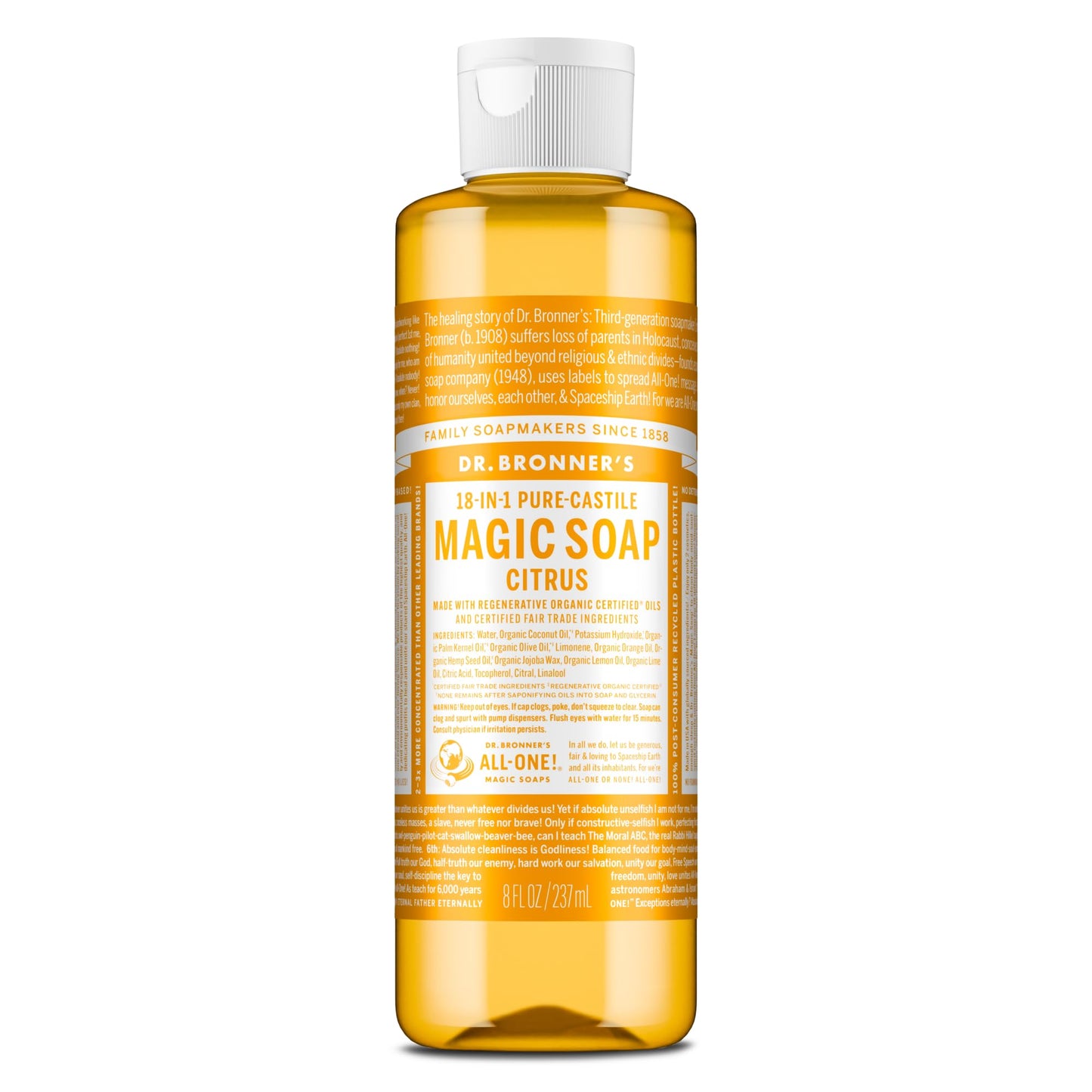 Dr. Bronner's Pure-Castile Magic Soap Liquid (Citrus, 8 Ounce) - Made with Regenerative Organic Certified Oils, 18-in-1 Uses: Face, Body, Hair Beauty & Personal Care Dr. Bronner's