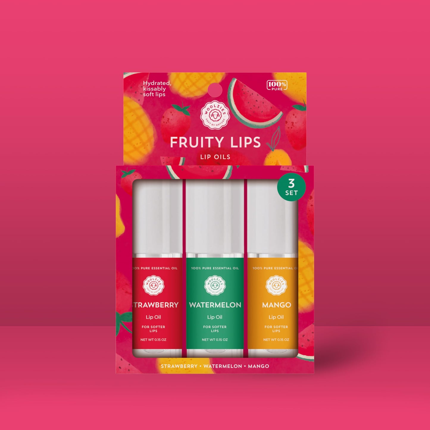 Woolzies All-Natural Lip Oils - Flavored Assortments - Moisturizing with Beautiful Tints Set of 3 (3 Pack, Fruity Lips) Beauty and Personal Care Woolzies