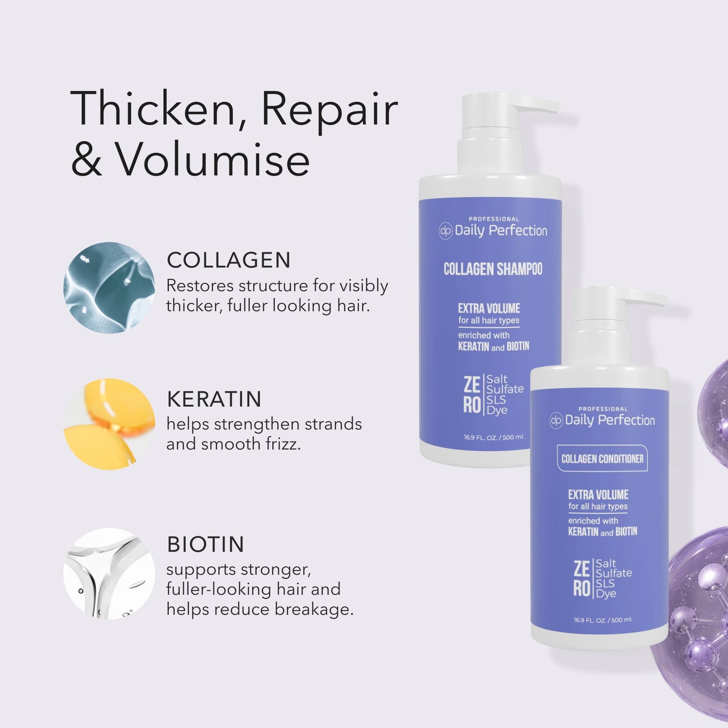 Daily Perfection Collagen Shampoo and Conditioner Set - Extra Volume Hair Care Duo with Biotin and Keratin for All Hair Types - Salt, Sulfate Beauty & Personal Care Daily Perfection