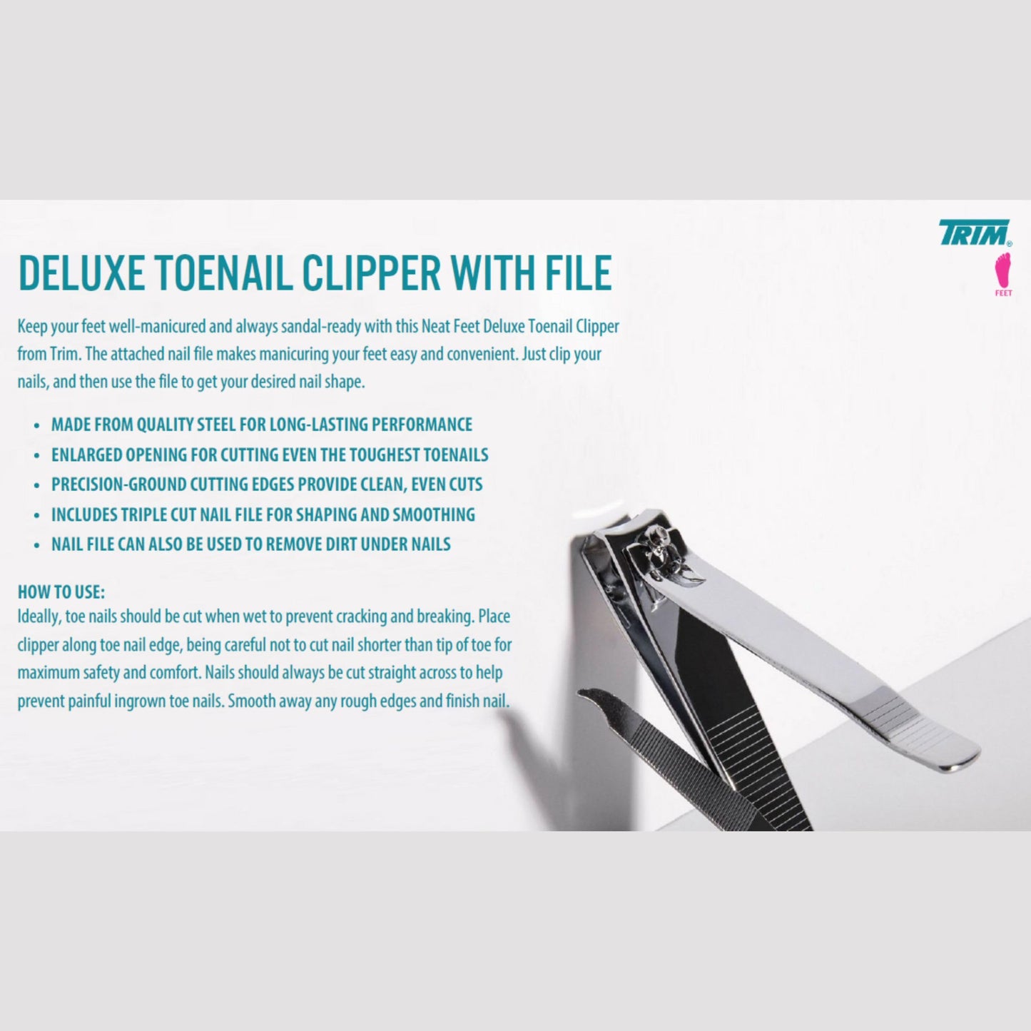 Trim Neat Feet Foot Care Implements Deluxe Toenail Clipper with File, Straight Edge, Stainless Steel, Cuts Toughest Toenails, Helps with Ingrown Beauty & Personal Care Trim