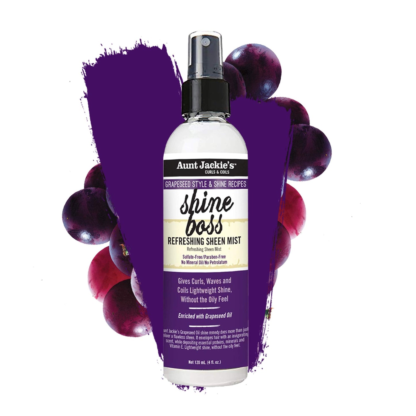 Aunt Jackie's Grapeseed Style and Shine Recipes Shine Boss Refreshing Sheen Hair Mist, Gives Curls, Waves and Coils Shine Without Oily Feel, 4 oz Beauty & Personal Care Aunt Jackie's