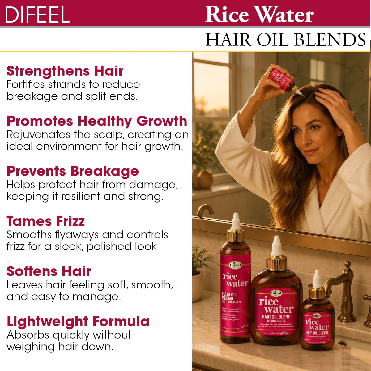 Difeel Rice Water Hair Oil Blend 7.1 oz. - Strengthening Rice Water Moisturizer for Hair