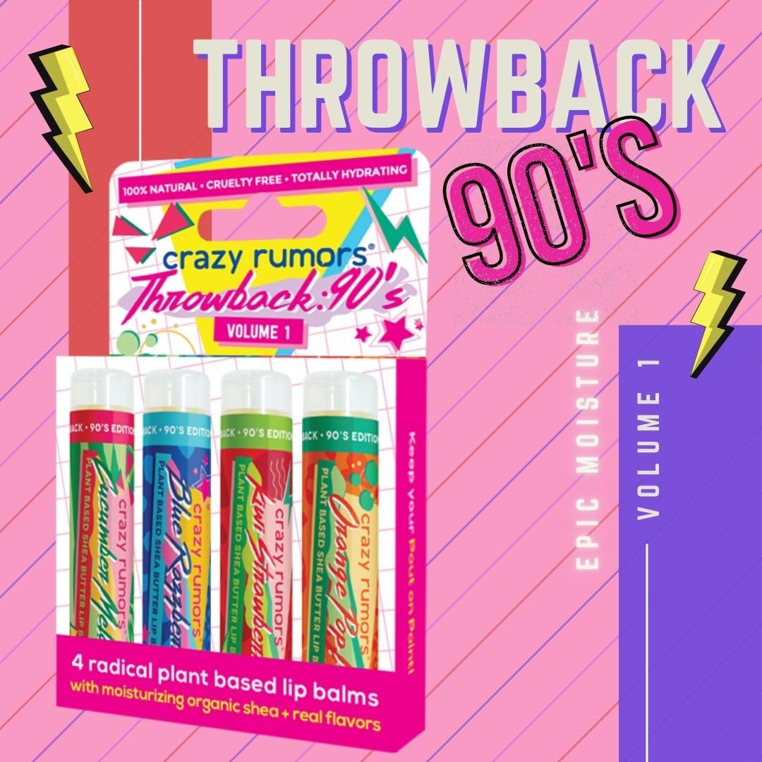 Crazy Rumors Throwback 90's Mix Lip Balm 4-Pack Mix (Cucumber Melon, Blue Razzberry, Kiwi Strawberry, Orange Pop!) 100% Natural, Vegan, Plant-Based Beauty and Personal Care Crazy Rumors