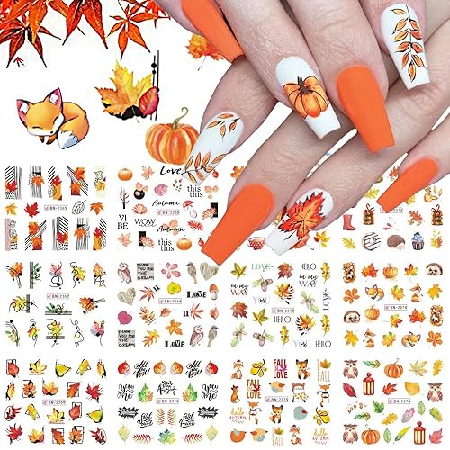 12Sheets Fall Nail Stickers Autumn Maple Leaf Pumpkin Halloween Thanksgiving Water Transfer Nail Decal for Women Girls Kids DIY Decorations Beauty & Personal Care Qdsuh