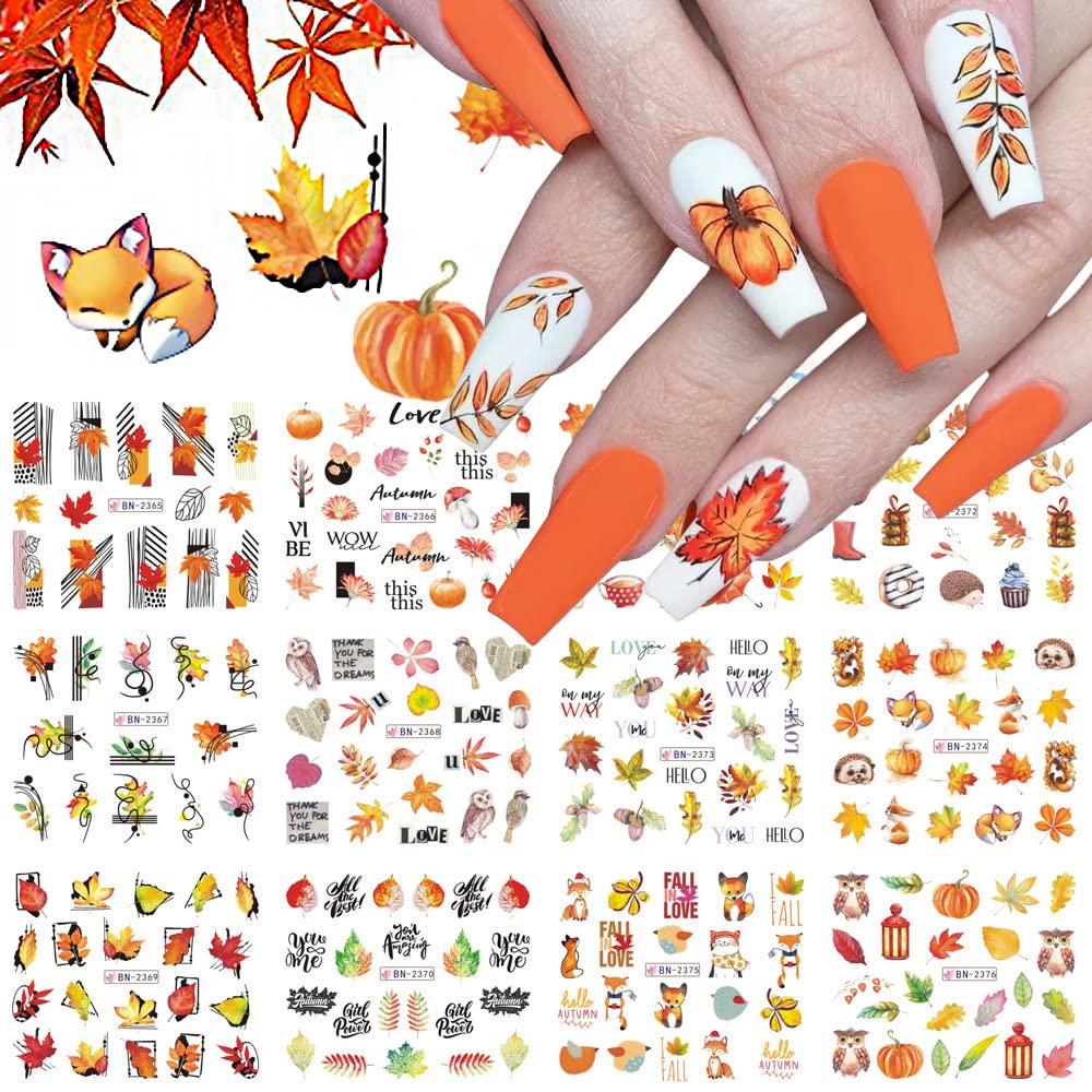 12Sheets Fall Nail Stickers Autumn Maple Leaf Pumpkin Halloween Thanksgiving Water Transfer Nail Decal for Women Girls Kids DIY Decorations Beauty & Personal Care Qdsuh
