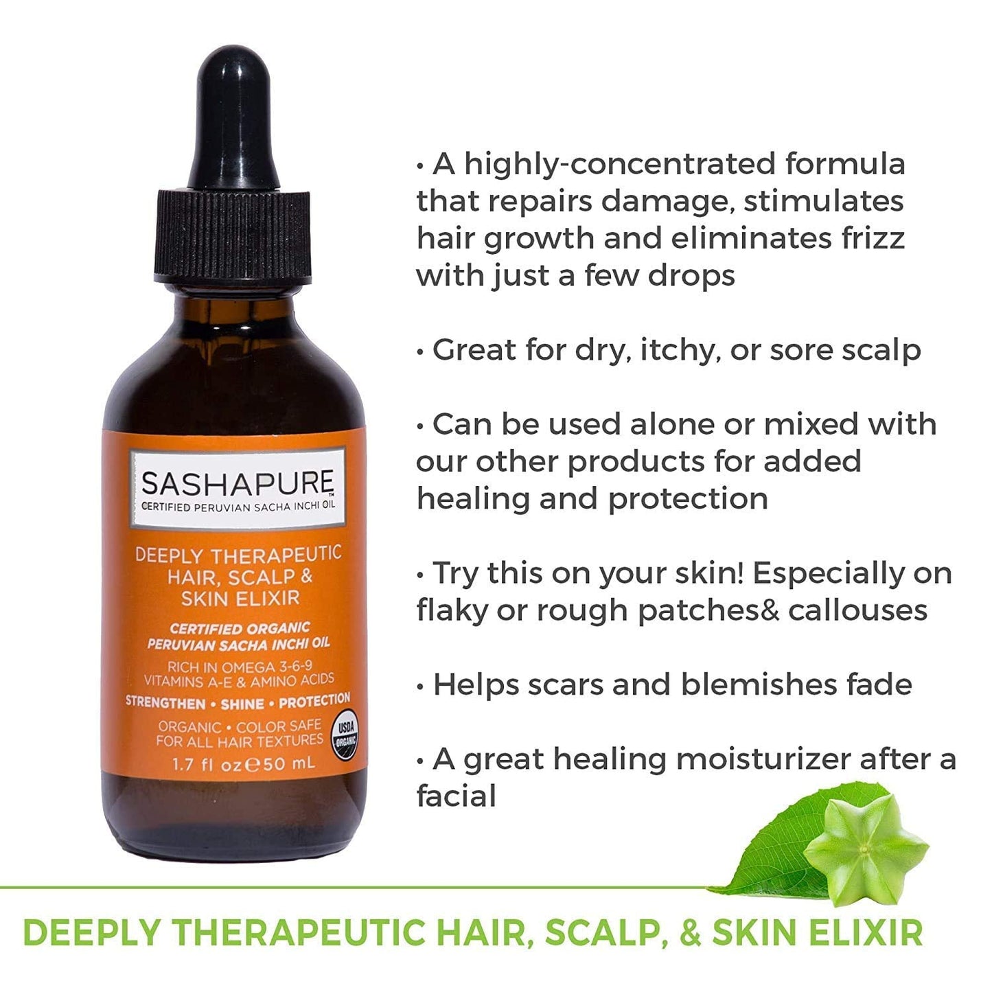 SASHAPURE Deeply Therapeutic Hair Scalp & Skin Elixir, Organic Hair Serum with Sacha Inchi Oil - Strengthen, Shine, Protection, 1.7 fl.oz. Beauty & Personal Care Sashapure