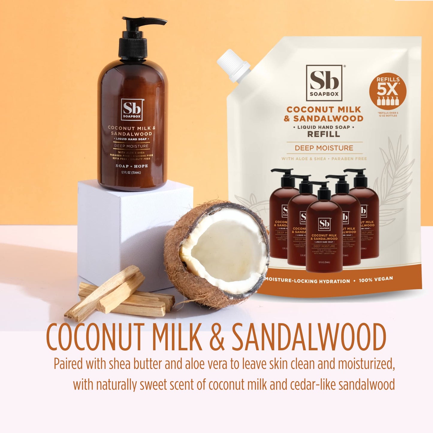 Soapbox Liquid Hand Soap Refill, Coconut Milk & Sandalwood, Vegan, Paraben Free, Moisturizing, Natural Hand Wash for Kitchen and Bathroom, 64oz Half Beauty & Personal Care Soapbox