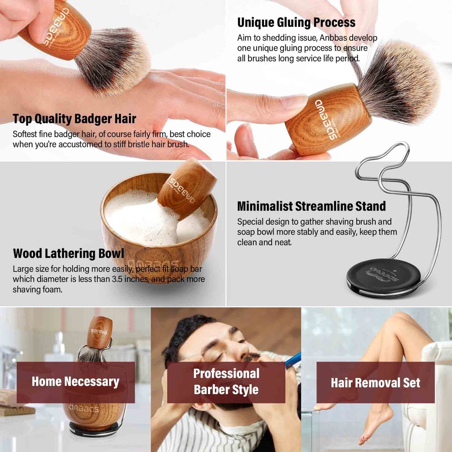 Anbbas Pure Badger Hair Shaving Brush Wood Handle and Large Soap Bowl with Stainless Steel Shaving Stand 3in1 Kit for Men Beauty and Personal Care Anbbas