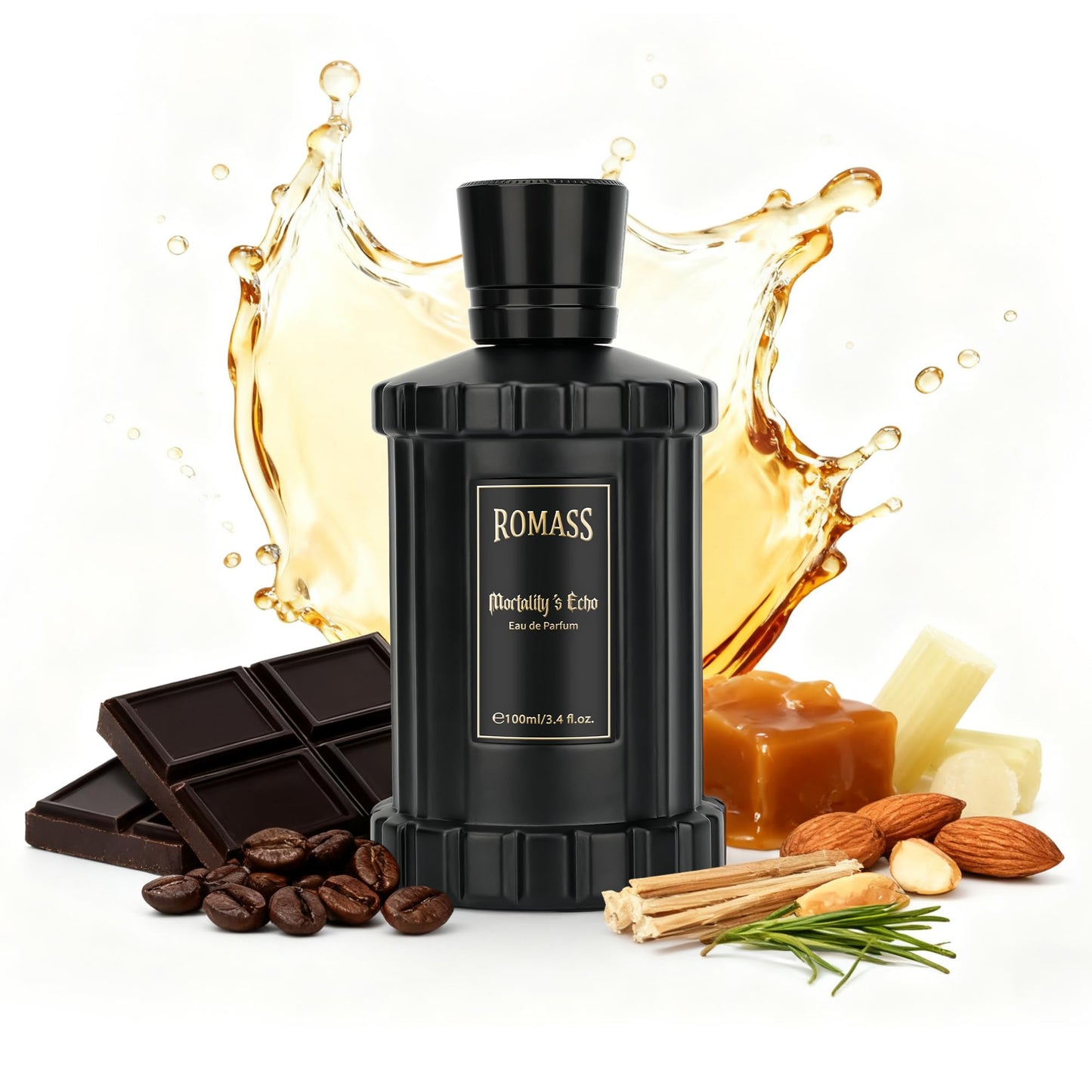 ROMASS Mortality’s Echo Luxe Perfume Unisex 3.4 oz 100 ml Long Lasting 8+ Hours with Rum Coffee Vetiver & Sandalwood Notes in Black Bottle Beauty & Personal Care ROMASS