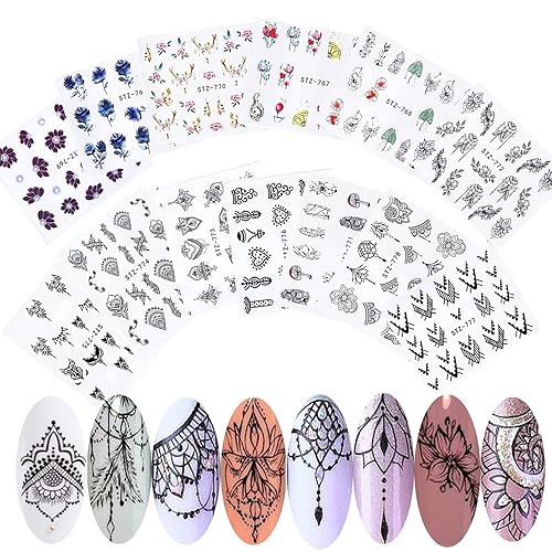 13 Sheets Black Nail Stickers Boho Retro Nail Decals Black Nail Tattoos Water Transfer Nail Decals Nails Supply Necklace Jewelry Feather Nail Design Beauty & Personal Care XMMXNBJ