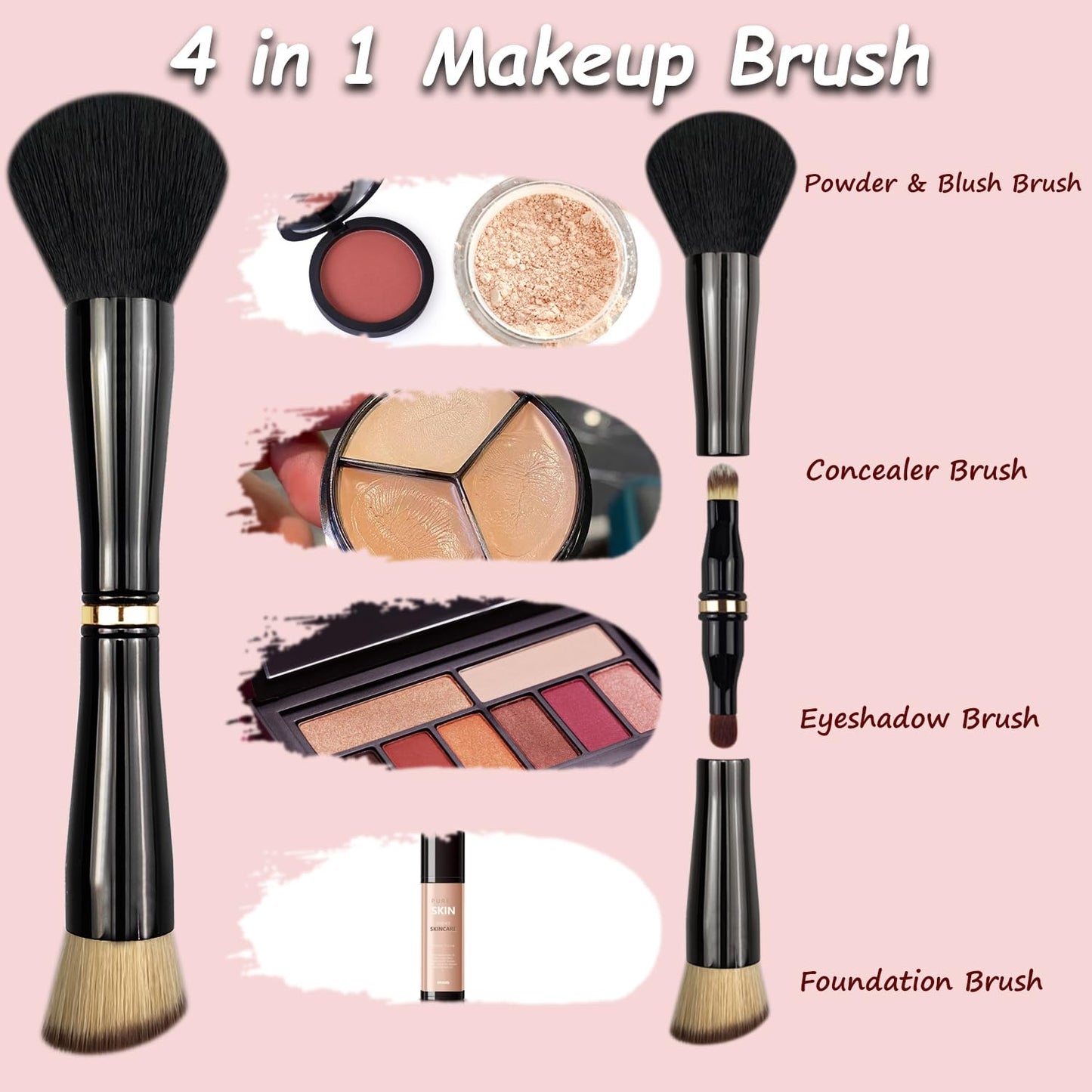 Voxora 4 in 1 Makeup Brush Set - All in One Powder/Blush, Foundation, Blending & Eyeshadow Brushes, Compact & Travel Essential Beauty & Personal Care Voxora