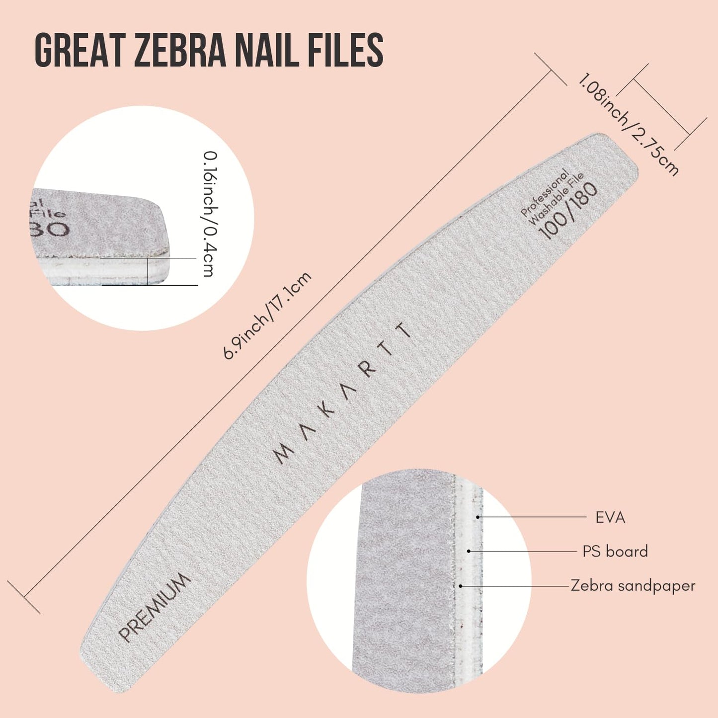 Makartt Nail File: Professional Nail Files, 100/180 Grit Emery Boards for Nails, 10 Pcs Zebra Doubled Sides Coarse Fingernail Filer for Acrylic Beauty & Personal Care Makartt