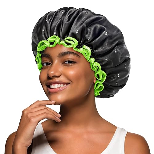 mikimini Black Shower Cap for Women, Men & Girls, 2 Packs Reusable Double Layers Waterproof Bathing Shower Hat with Soft Comfortable PEVA Lining Beauty & Personal Care mikimini