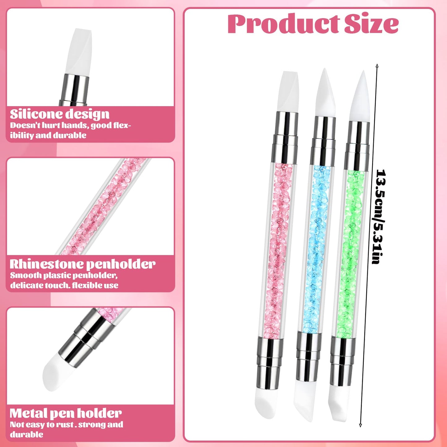 3 Pcs Nail Art Sculpture Pen, Dual Tipped Silicone Nail Tools, Silicone Head Acrylic Handle Nail Art Brushes, Rhinestone Nail Polish Carving Pen, Nail Beauty and Personal Care AHQiZFX