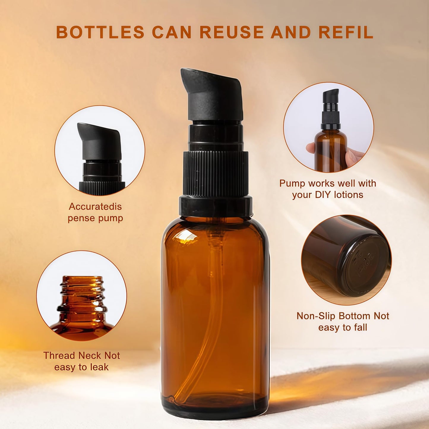 ericotry 3PCS 100ml / 3.34oz Empty Refillable Amber Glass Cosmetic Pump Press Lotion Bottles Makeup Sample Packing Cream Lotion Bath Shower Beauty & Personal Care ericotry