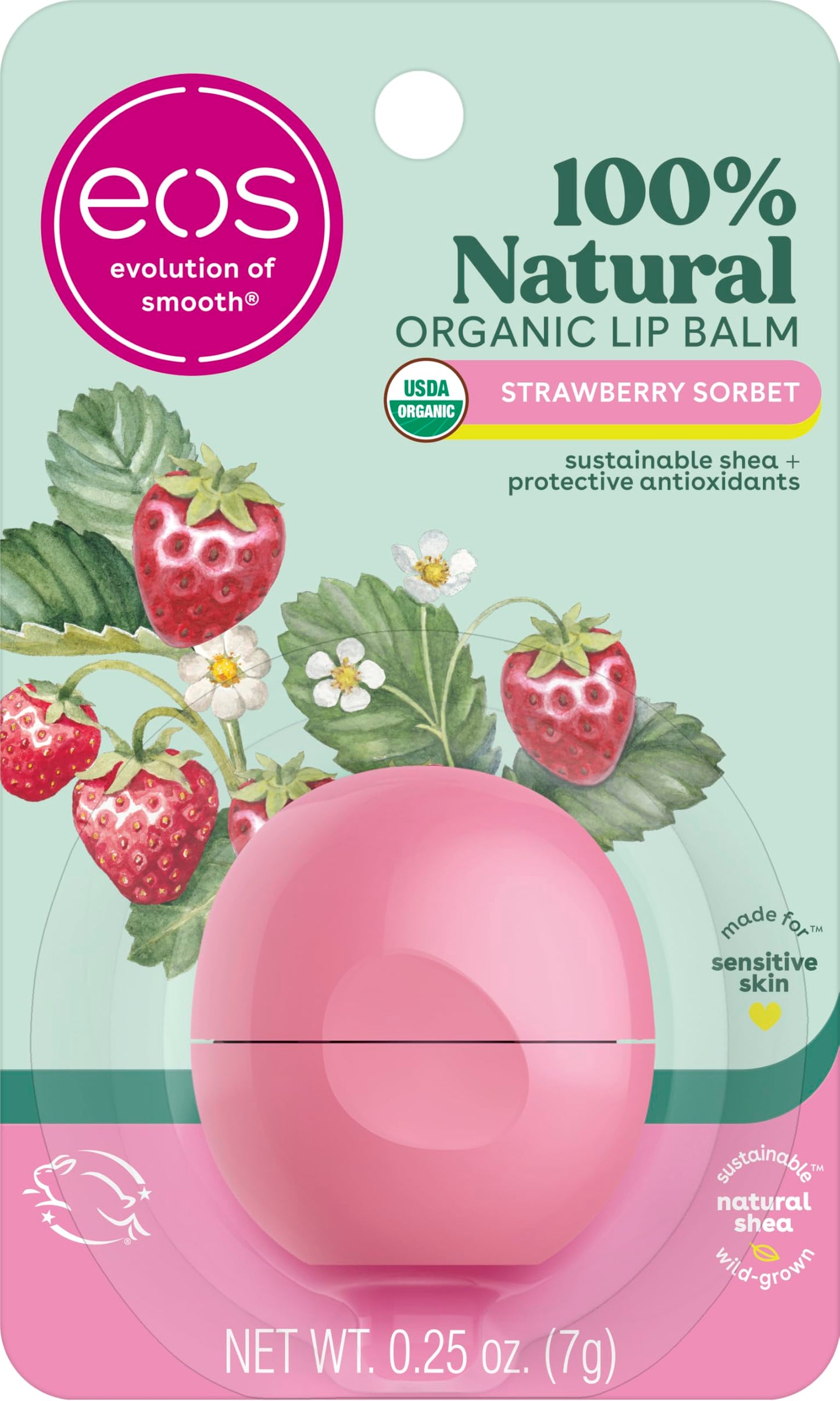 eos 100% Natural & Organic Lip Balm- Strawberry Sorbet, All-Day Moisture, Dermatologist Recommended for Sensitive Skin, Lip Care Products, 0.25 oz Beauty & Personal Care eos
