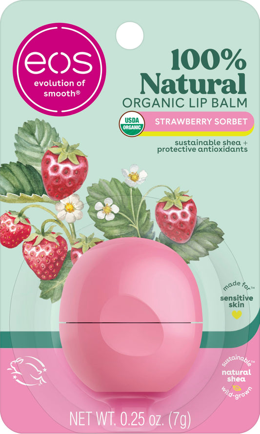 eos 100% Natural & Organic Lip Balm- Strawberry Sorbet, All-Day Moisture, Dermatologist Recommended for Sensitive Skin, Lip Care Products, 0.25 oz Beauty & Personal Care eos