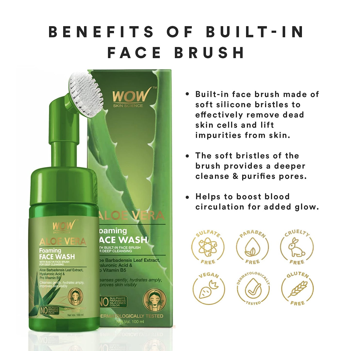 WOW Skin Science Aloe Vera Exfoliating Face Wash w/Soft Brush, Foaming Facial Cleanser For All Skin Types, Acne Face Wash for Women, Facial Skin Care Beauty & Personal Care BUYWOW