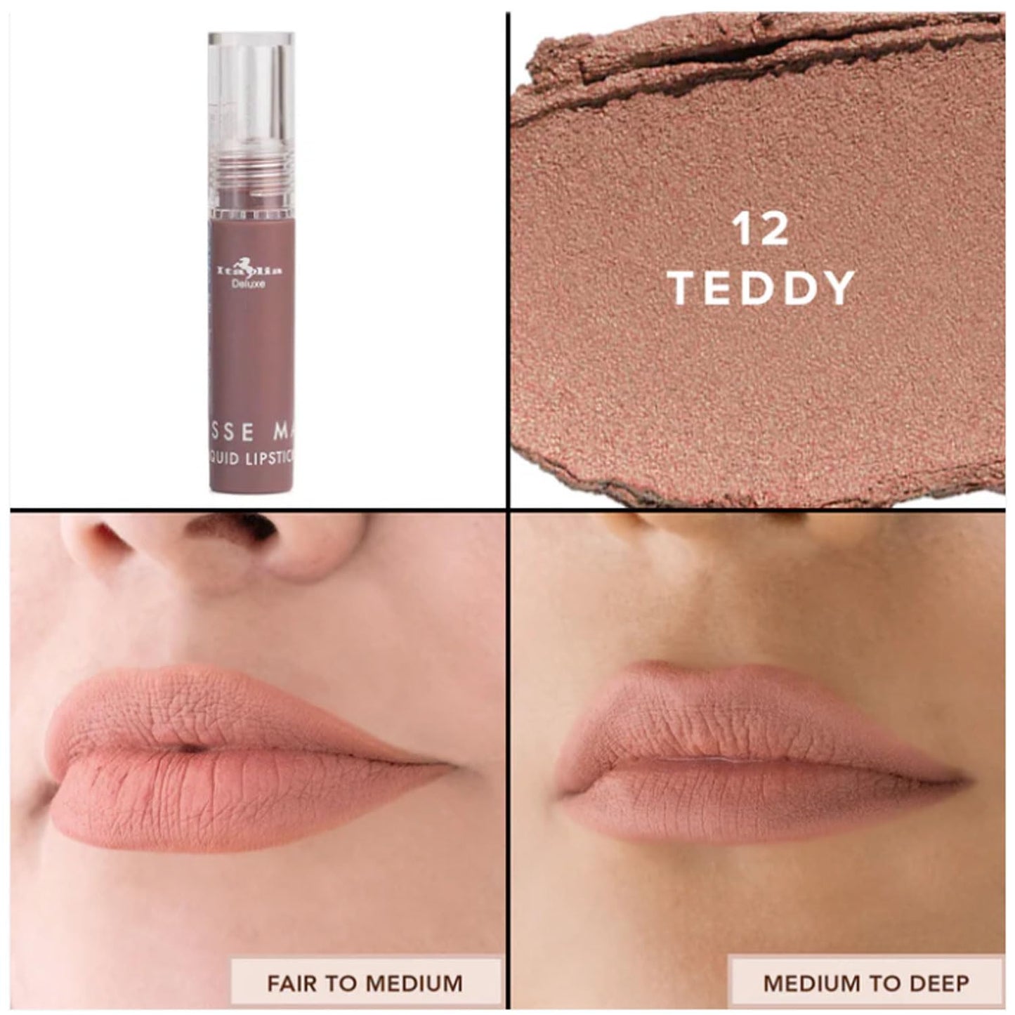 Italia Deluxe Pick 1 Mousse Matte Liquid Lipstick Comfortable Velvet Finish & Zipper Bag (190-12 : TEDDY, Full Size) Beauty & Personal Care Italia Deluxe