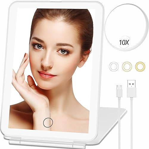 Mecion Makeup Vanity Mirror with 80 LED Lights, Rechargeable 2500mAh Batteries, Travel LED Compact Light Up Mirror with 3 Color Lights, Travel Beauty & Personal Care Mecion