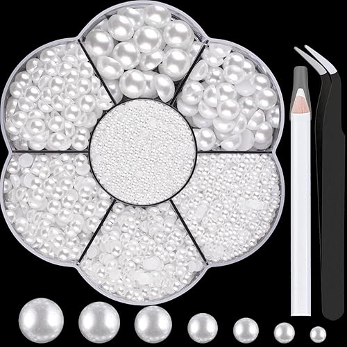 Nail Art Flat Back Half Round Pearl Kits 3, Mixed Sizes 6000 Pcs White Small Pearls for Nails with Picking Tools for Graduation Cap Decorations Home Beauty & Personal Care BELLEBOOST