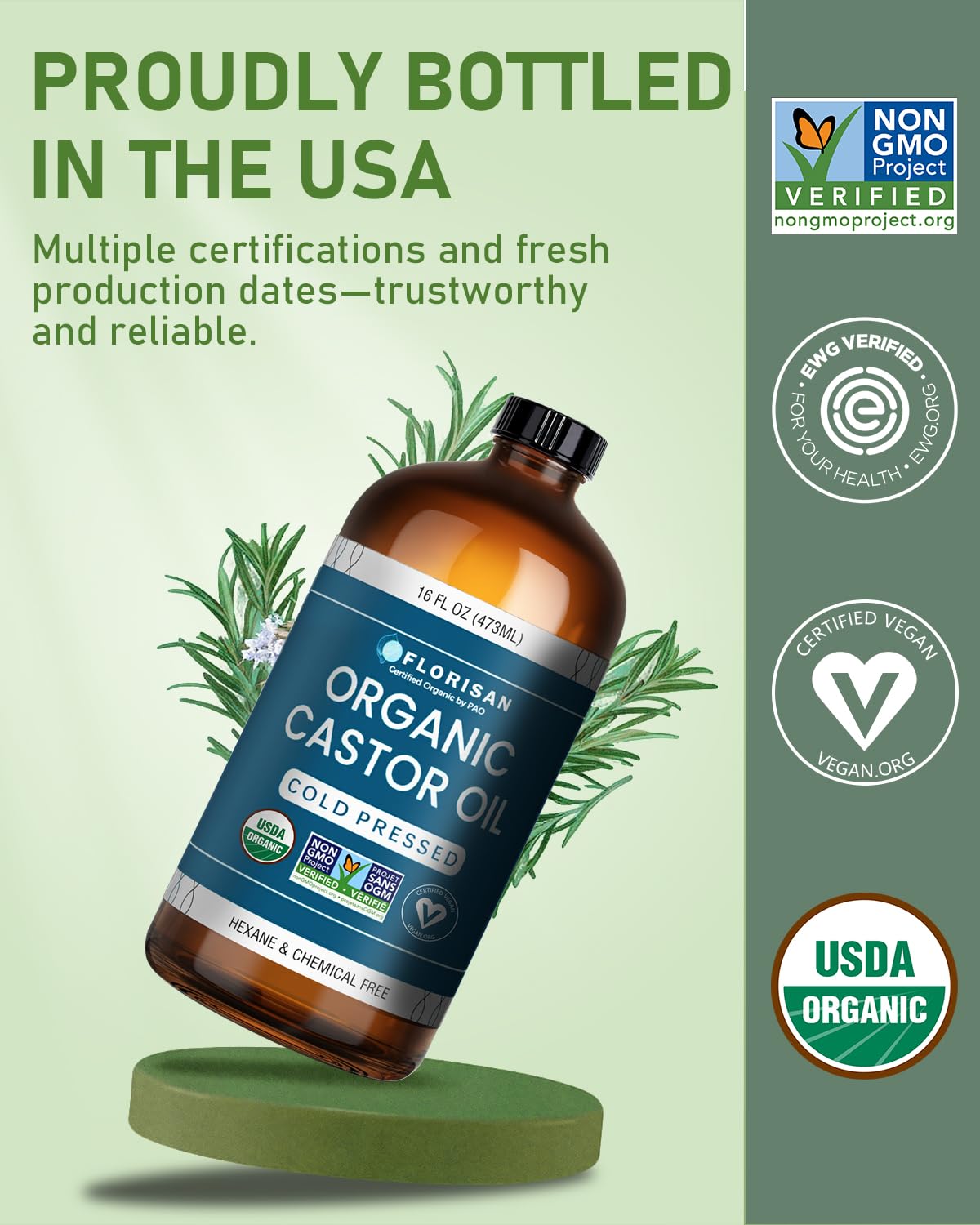 Florisan USDA Certified Organic Castor Oil 16oz Glass Bottle, Cold Pressed, Hexane-Free, Non-GMO, Vegan, 100% Pure Castor Oil for Hair Growth, Skin Beauty and Personal Care Florisan