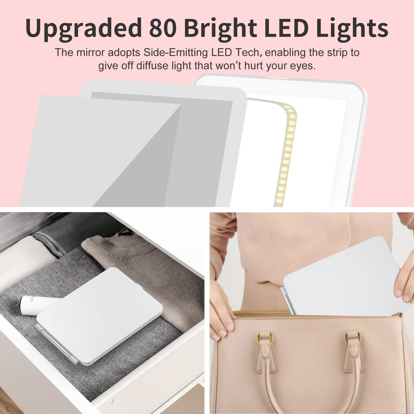 Mecion Makeup Vanity Mirror with 80 LED Lights, Rechargeable 2500mAh Batteries, Travel LED Compact Light Up Mirror with 3 Color Lights, Travel Beauty & Personal Care Mecion