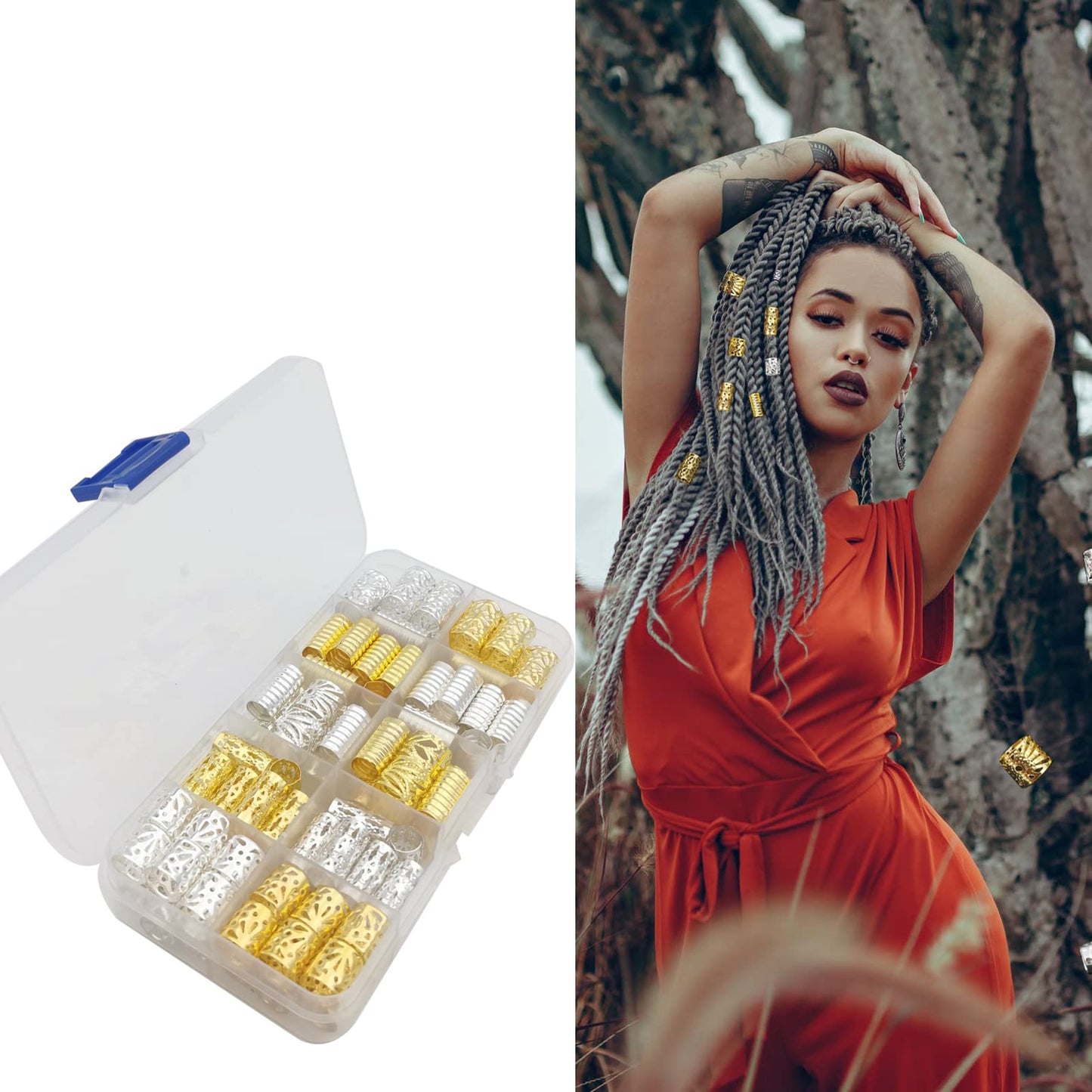 100 PCS Gold Hair Cuffs Hair Beads for Girls Silver Hair Jewelry for Braids Accessories, Flosius Hair Charms for Braids Dreadlock Accessories Loc Beauty & Personal Care Flosius