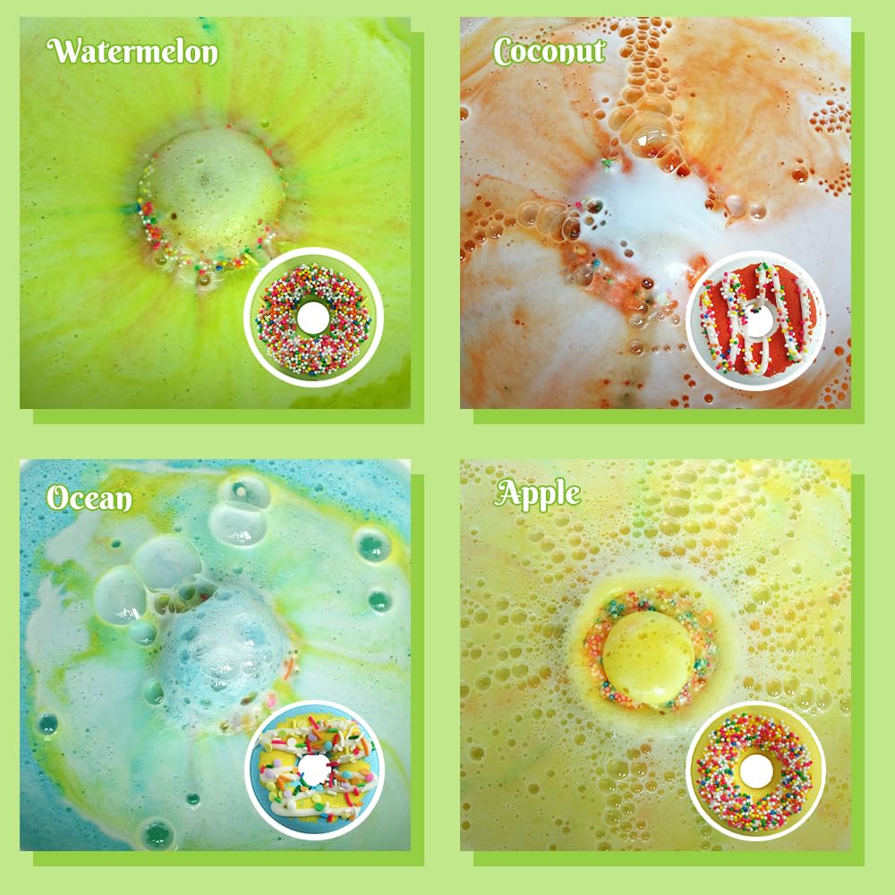 KAV Donut Bath Bombs Gift Set - 4 Piece Handmade Organic Bath Bomb Kit with Essential Oils - Relaxation Spa Gift for Women, Men, Teens, Kids - Self Beauty and Personal Care KAV