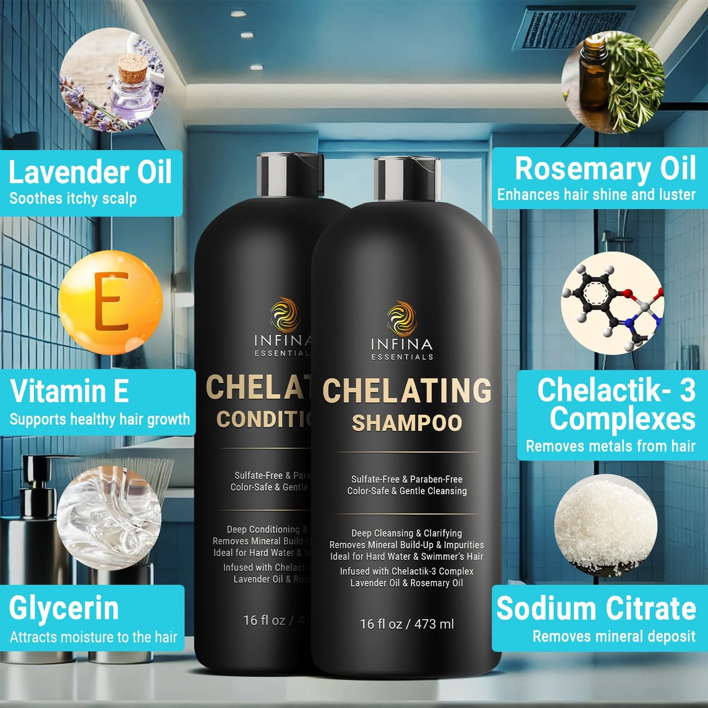 INFINA ESSENTIALS Chelating Clarifying Shampoo and Conditioner for Hard Water & Chlorine Removal | 16 fl oz | Sulfate Free Metal Detox Shampoo Beauty & Personal Care INFINA ESSENTIALS