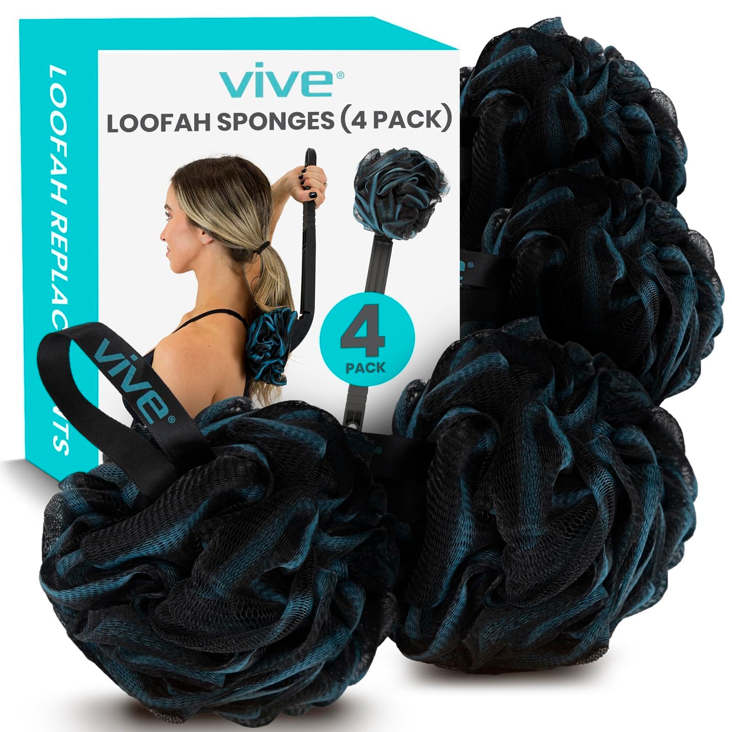 Vive Loofah Sponge Replacement (4 Pk) Shower & Bath Pouf Scrubber for Back & Body Exfoliation, Works with Vive Interchangeable Loofa Handle Long Brush Beauty and Personal Care Vive
