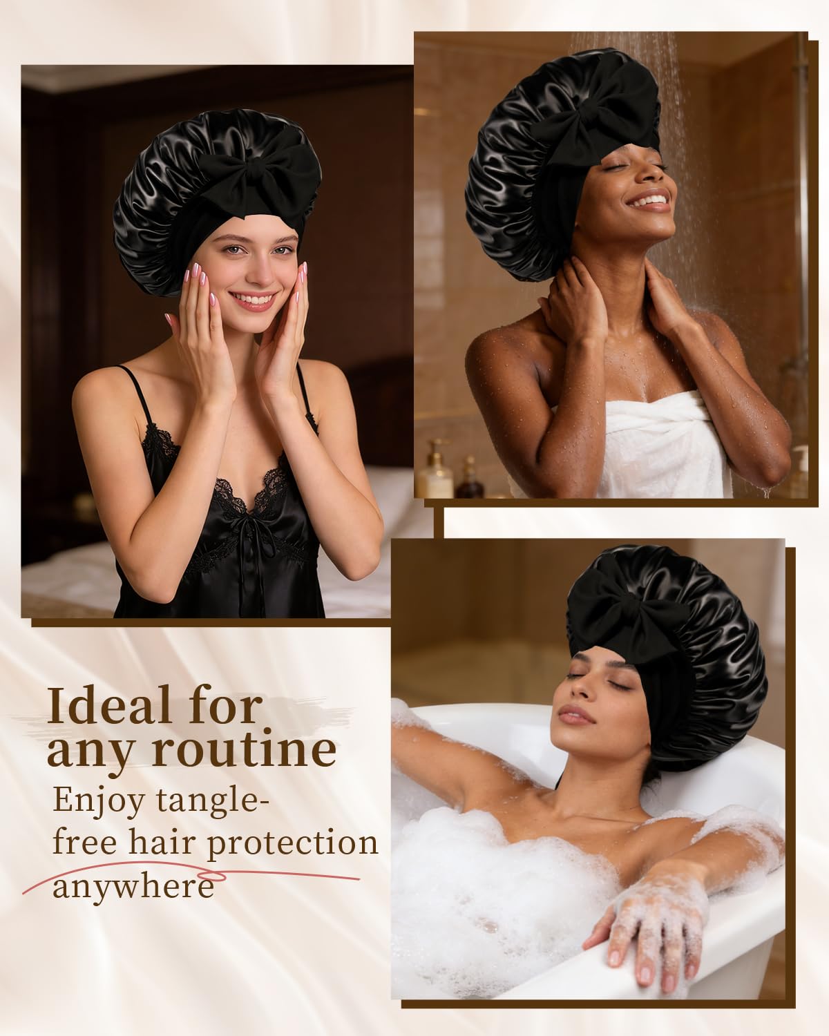 Silk Bonnet Satin Bonnet for Sleeping Large Bonnets with Tie Band Hair Wrap with Adjustable Straps Hair Cap for Women Curly (Black+Champagne) Beauty and Personal Care Confvrter