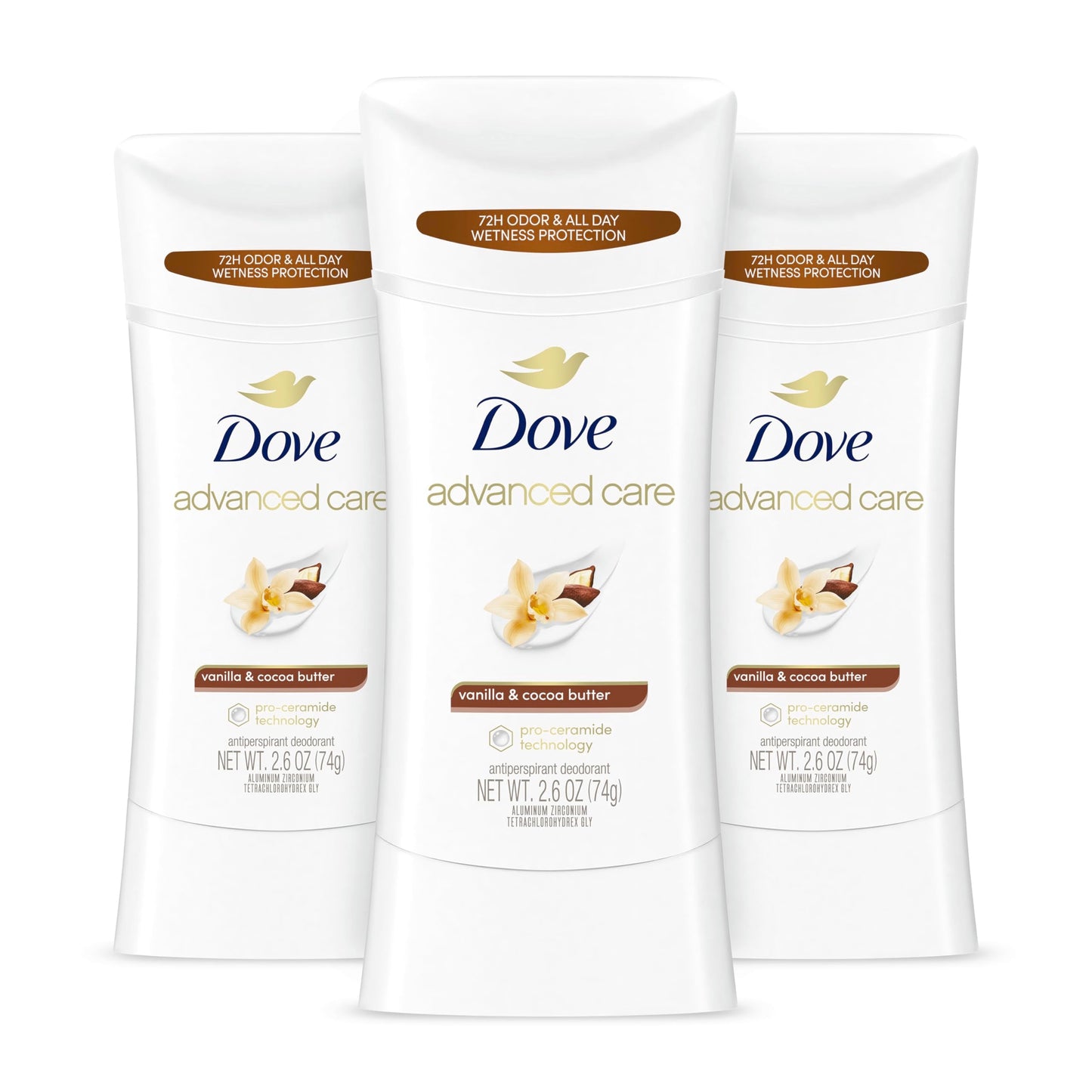 Dove Advanced Care Antiperspirant Deodorant Stick Vanilla & Cocoa Butter 3 Count Antiperspirant deodorant with Pro-Ceramide Technology 72-hour odor Beauty and Personal Care Dove