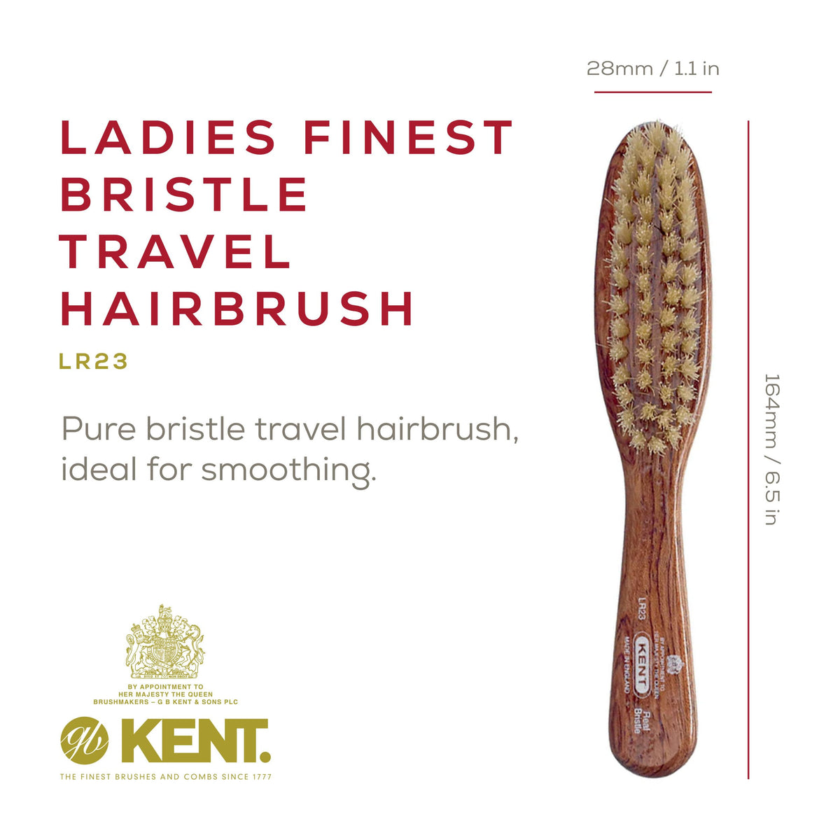 Kent LR23 Finest Ladies Narrow Style, Danta Wood, Pure White Bristle Hair Brush - Short to Medium Length Hair, Handbag Sized, Made in England