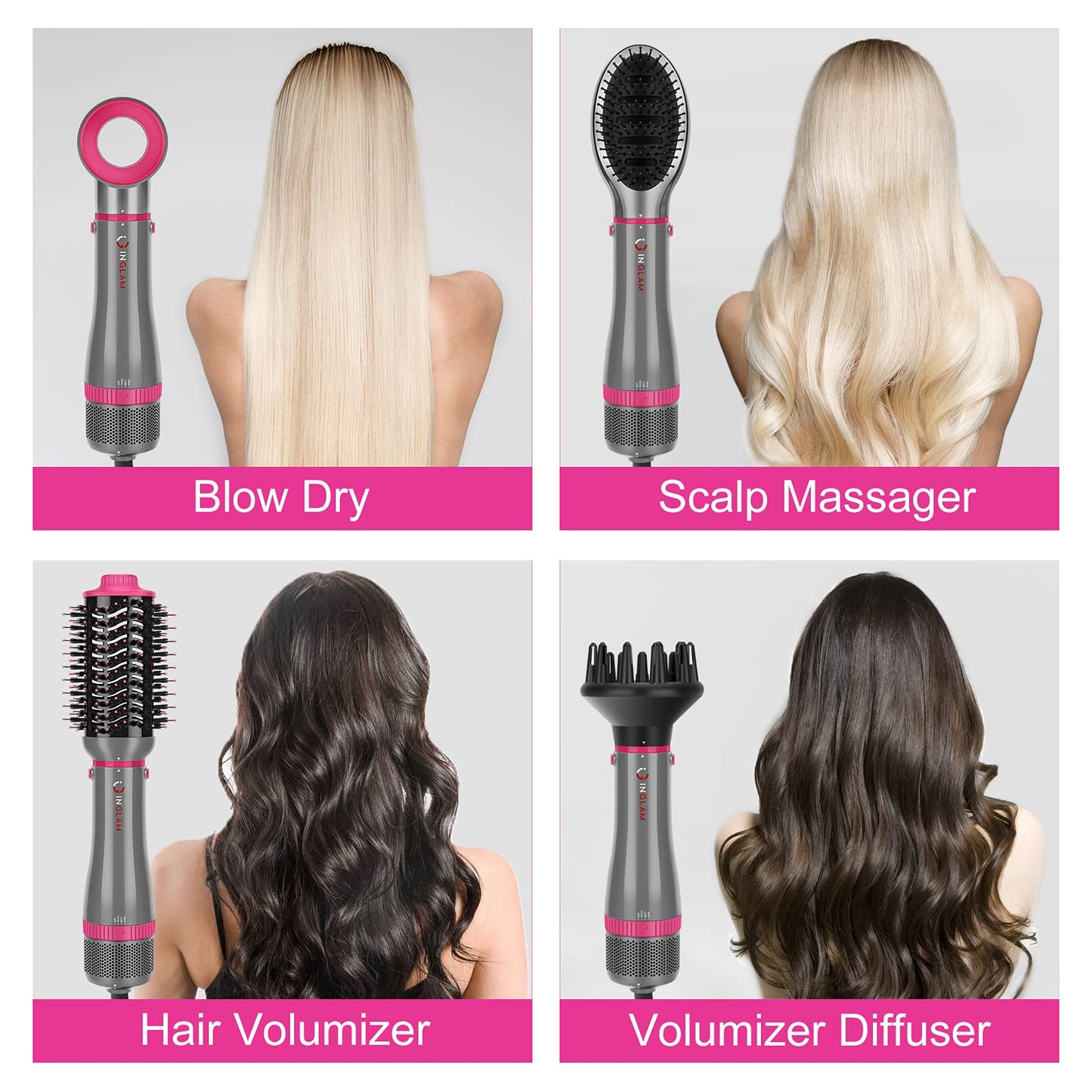 IG INGLAM 4 in 1 Blowout Brush, Negative Ion Detachable Hair Dryer & Styler Volumizer Hot Air Brush with 2 Styling Brush Heads, Silver Beauty & Personal Care IG INGLAM
