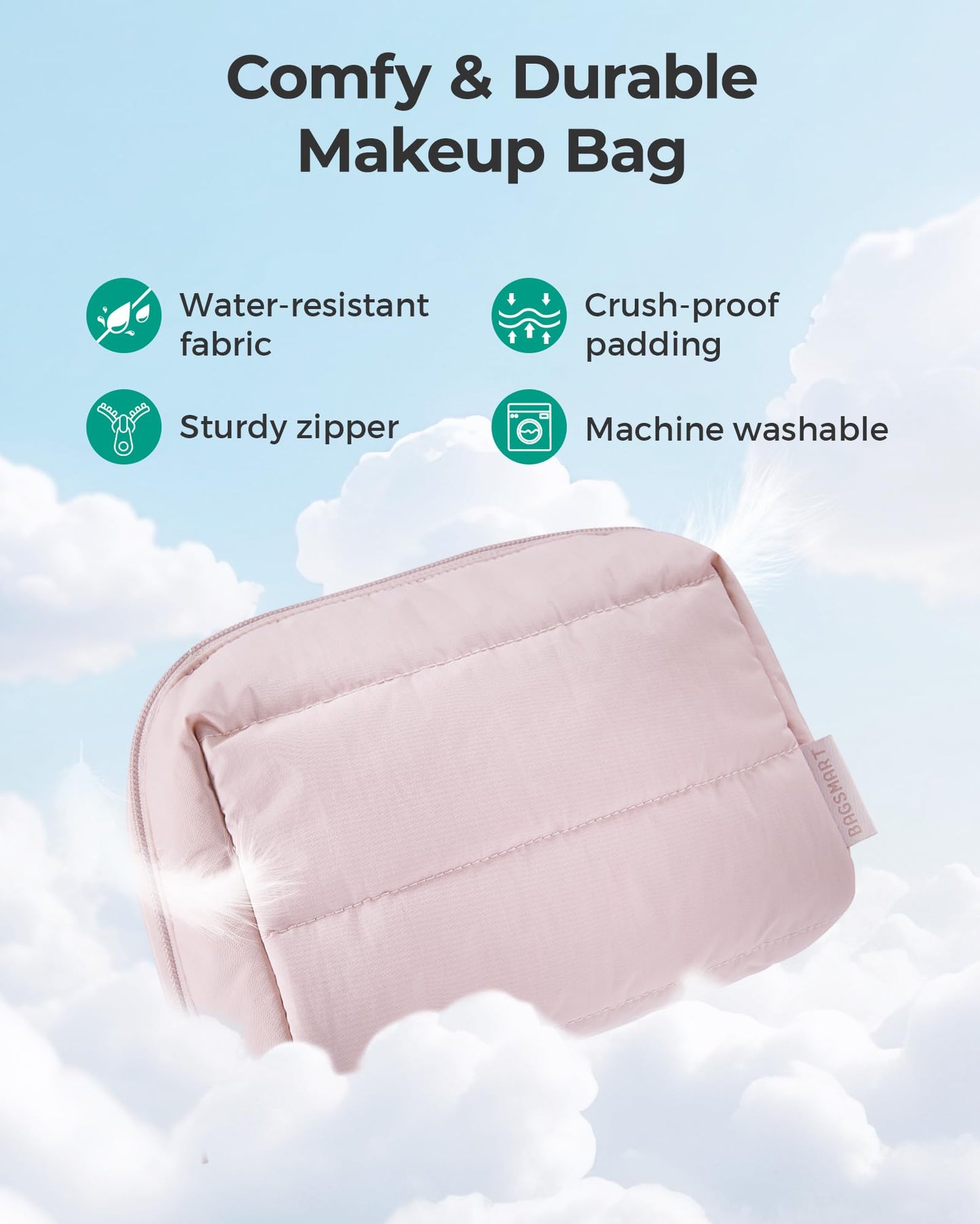 BAGSMART Puffy Makeup Bag, Wide Opening Cosmetic Organizer, Soft Water-Resistant Travel Toiletry Pouch for Women for Purse, Compact & Spacious Beauty and Personal Care BAGSMART