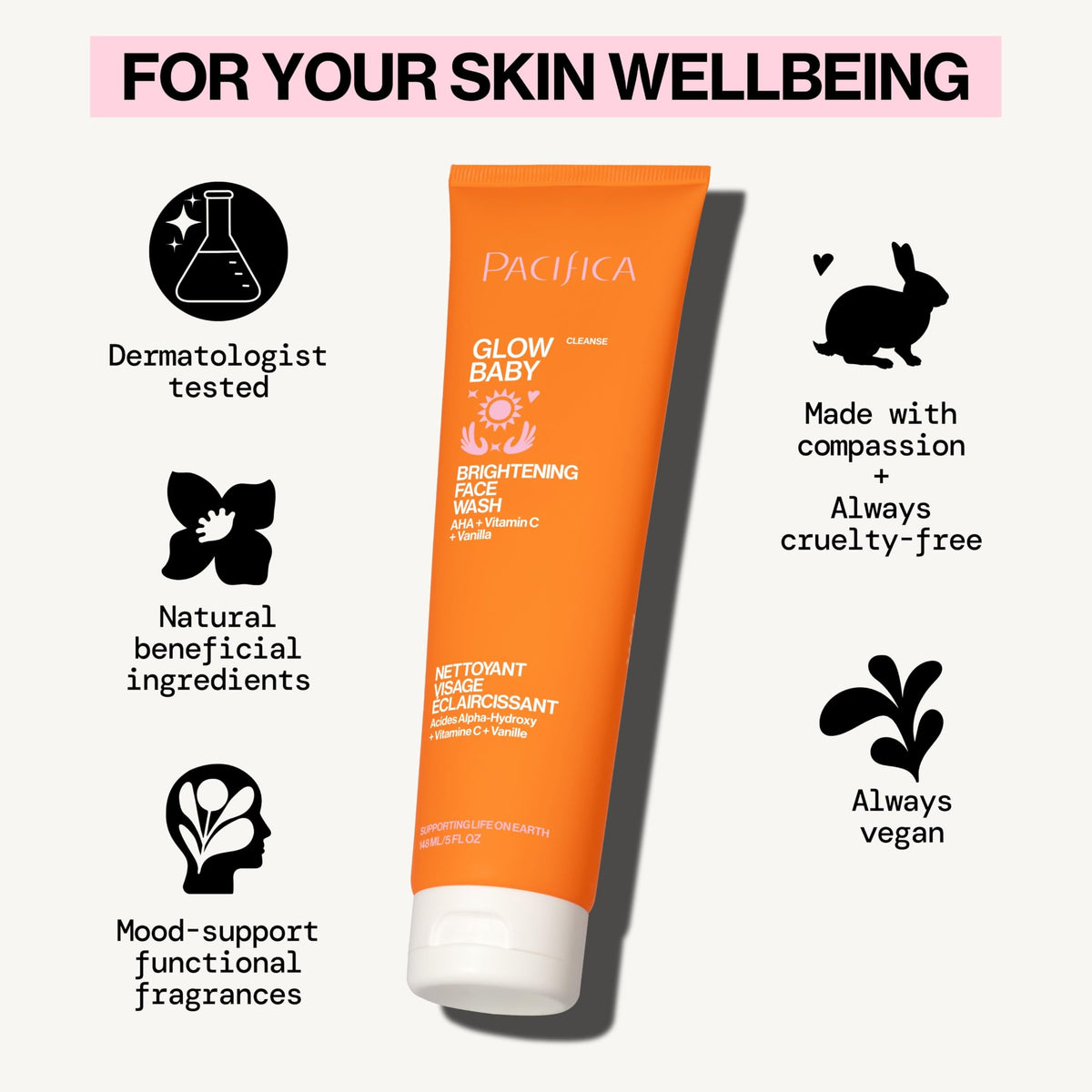 Pacifica Glow Baby Brightening Facial Cleanser 5oz - Vitamin C & Glycolic Acid (AHA) Face Wash for Radiance - Daily Cleanser for Anti-Aging Beauty & Personal Care Pacifica