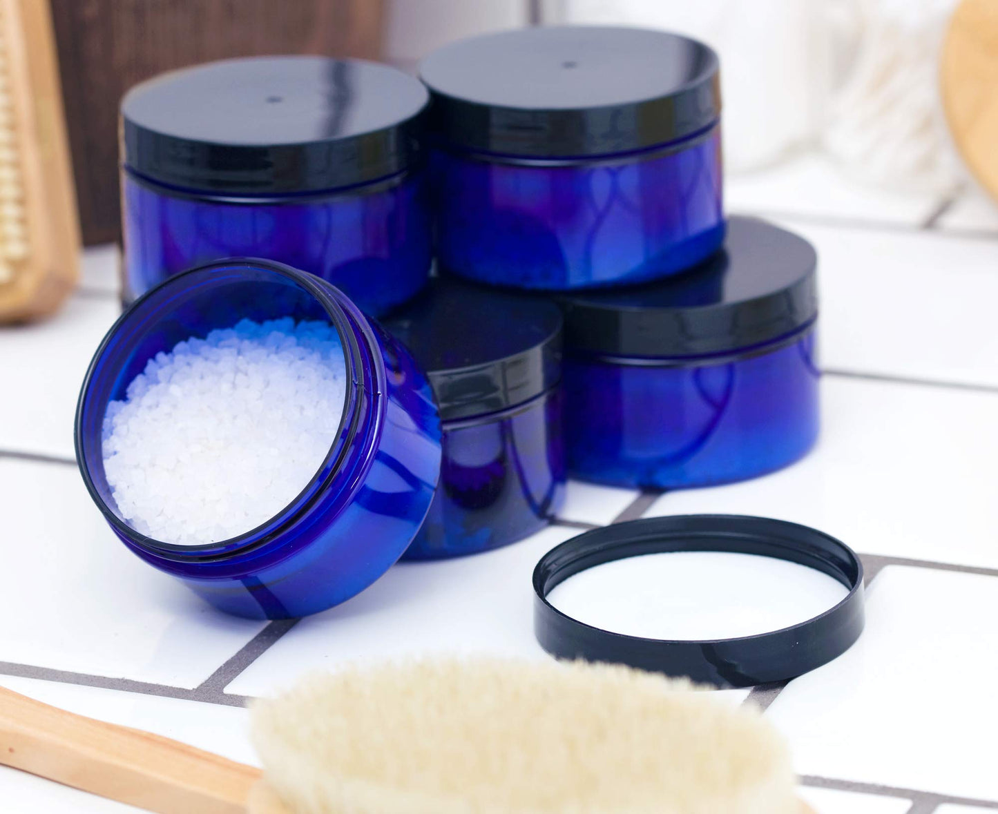 2 oz Cobalt Blue Heavy Wall Plastic Refillable Low Profile Jar with Black Lid (6 pack) Beauty & Personal Care JUVITUS