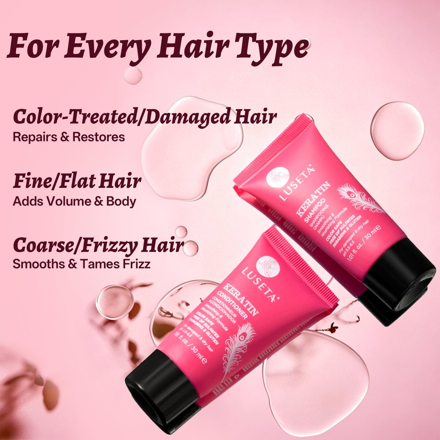 Luseta Keratin Travel Shampoo and Conditioner Set For Dry, Damaged, or Color Treated Hair Smoothing & Hydrating Mini Kit Carry On Friendly Sulfate Beauty & Personal Care L LUSETA